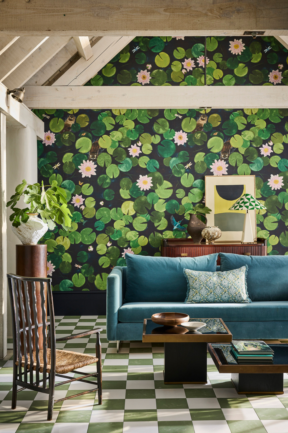 Room with lily pad wallpaper