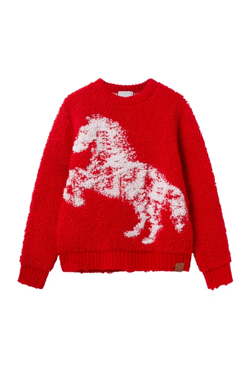 Red jumper with white horse