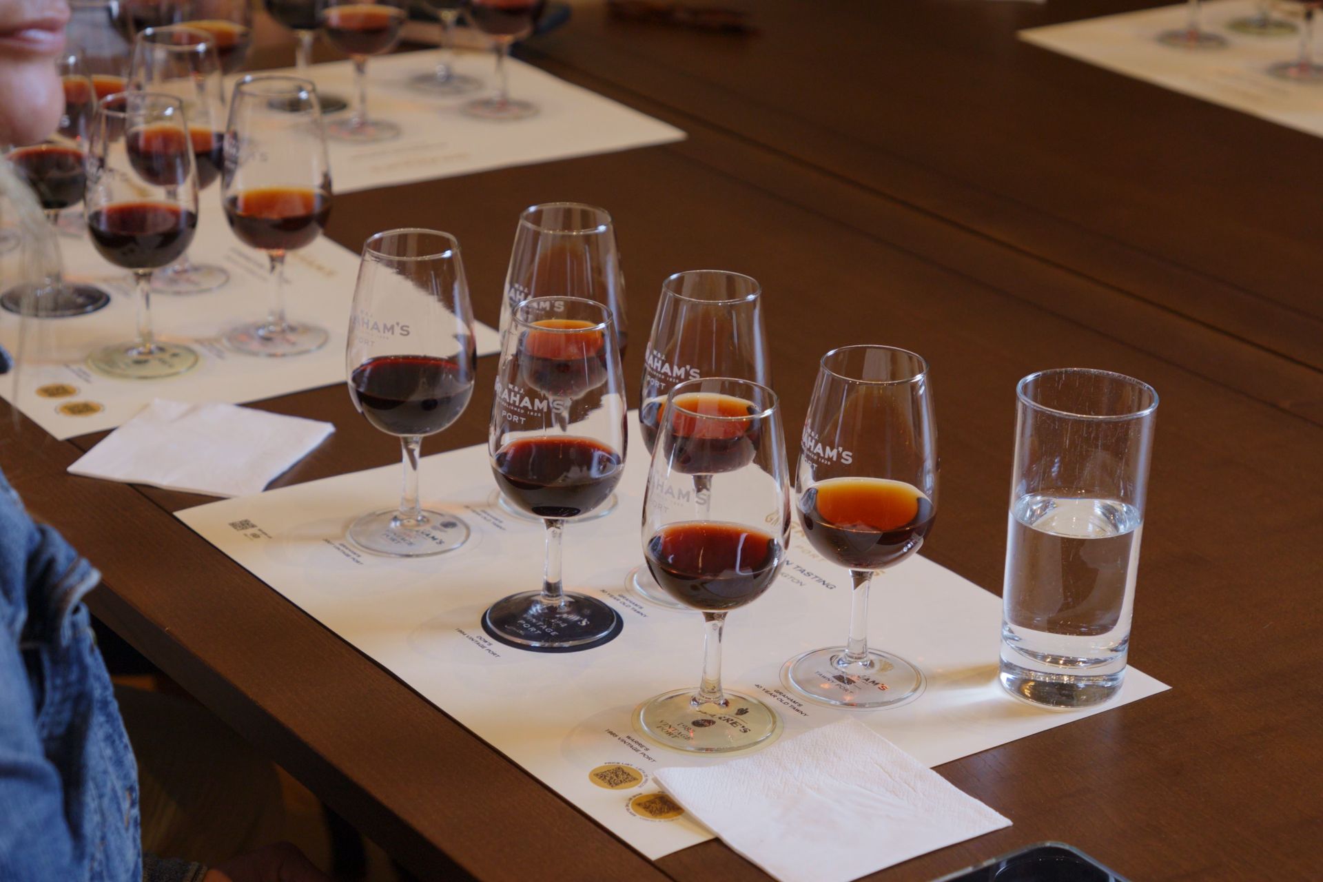 Glasses lined up for a Porto tasting.