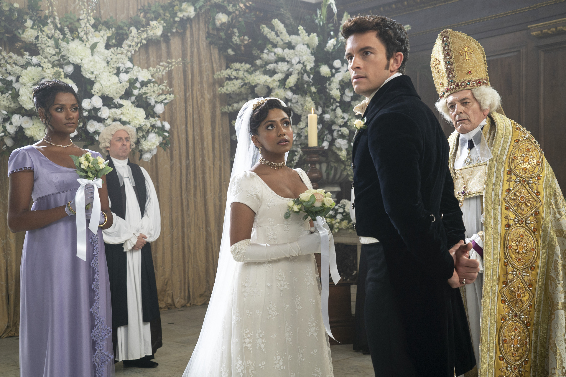 Simone Ashley as Kate Sharma, Charithra Chandran as Edwina Sharma and Jonathan Bailey as Anthony Bridgerton in Bridgerton season 2