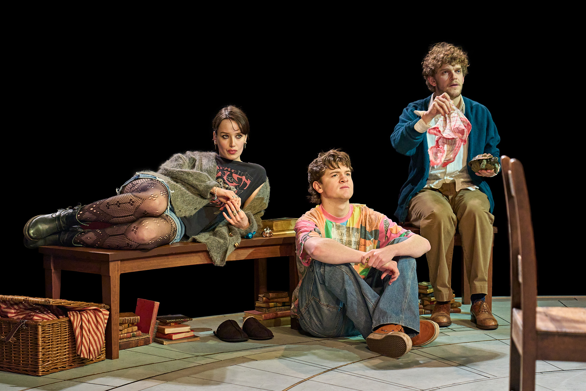 Holly Godliman (Chloë Coverly), William Lawlor (Gus Coverley) and Angus Cooper (Valentine Coverly) in Arcadia at The Old Vic (2026)