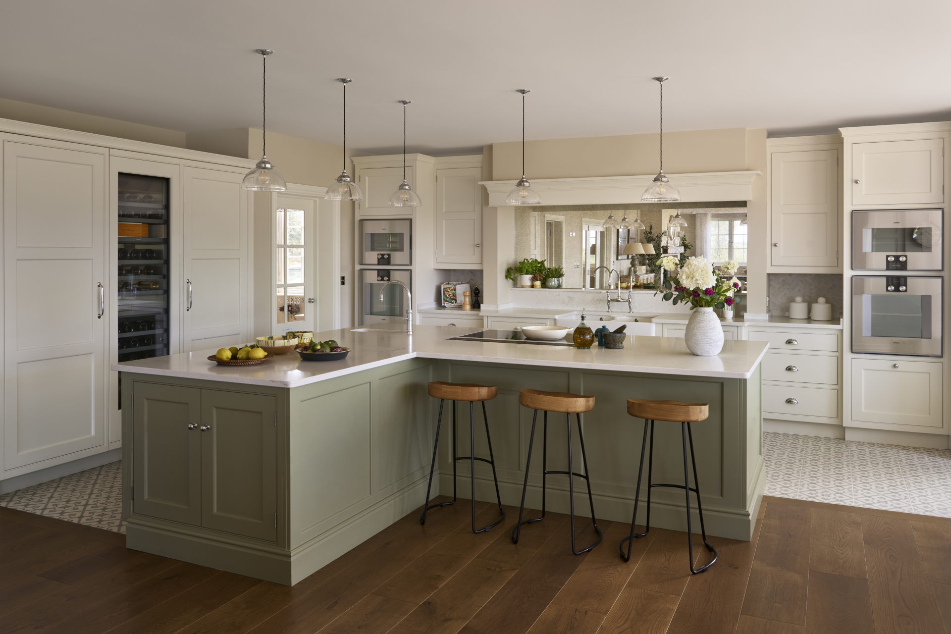 Green kitchen with wine storage