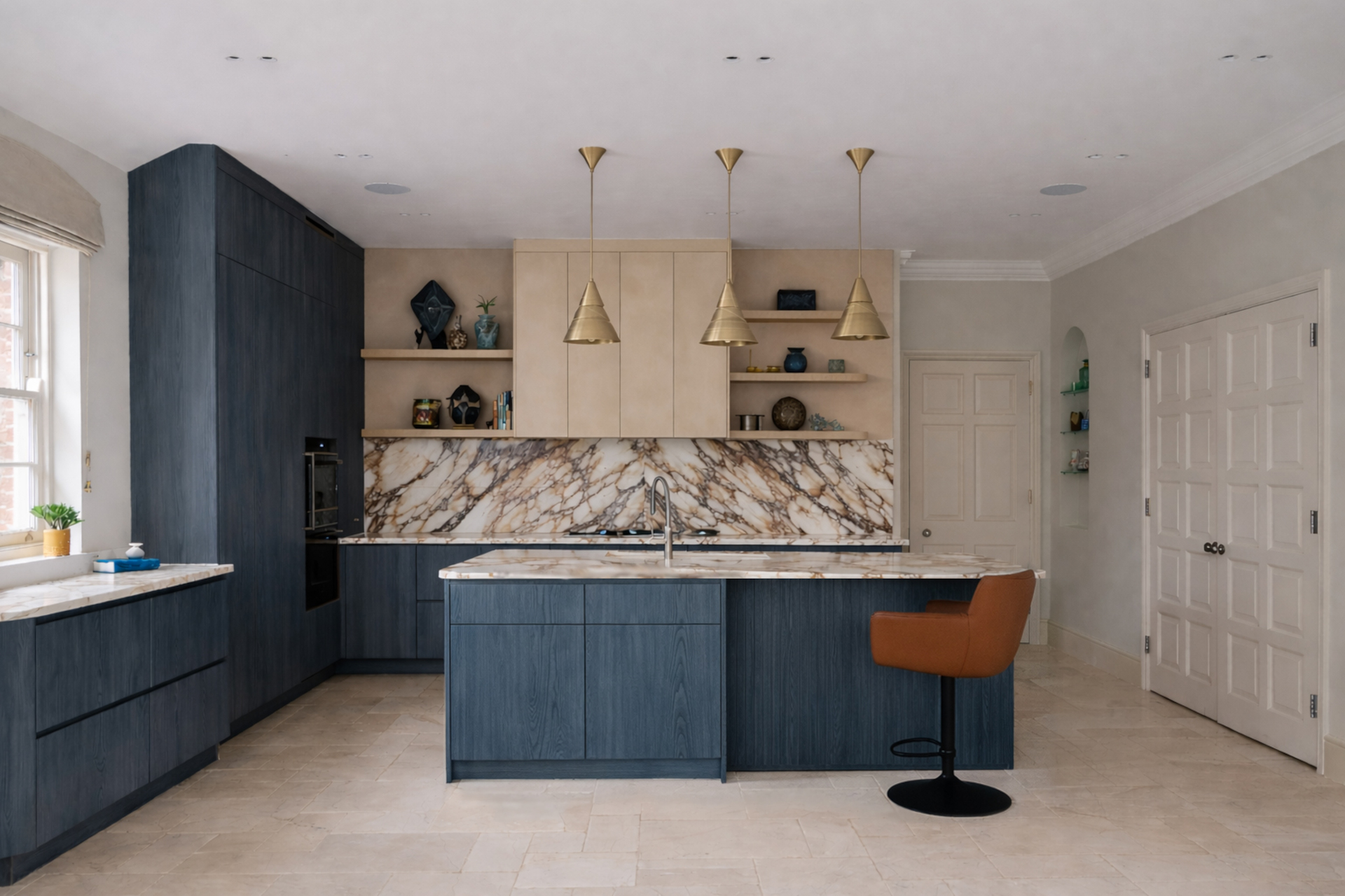 Marble kitchen with blue cupboards