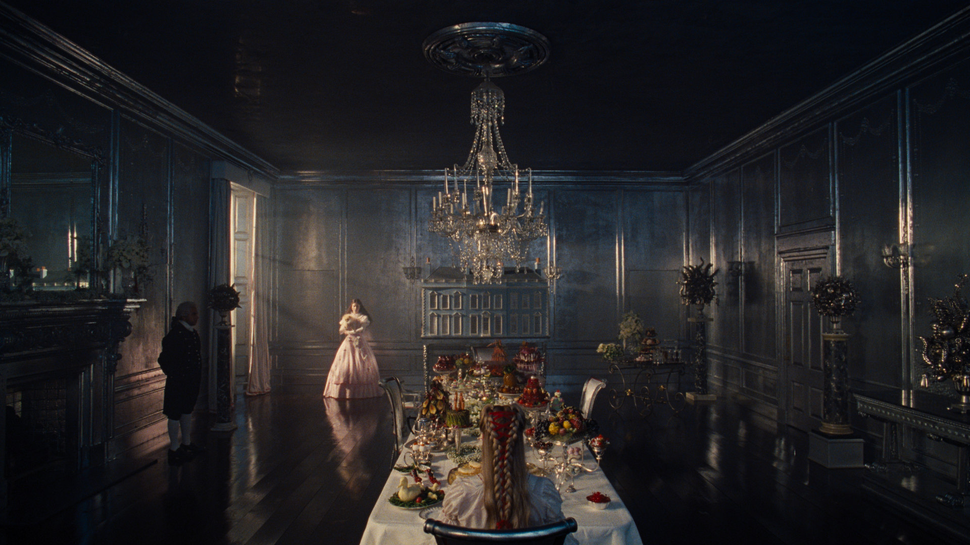 The silver dining room in Wuthering Heights, inhabited by actors Margot Robbie and Alison Oliver