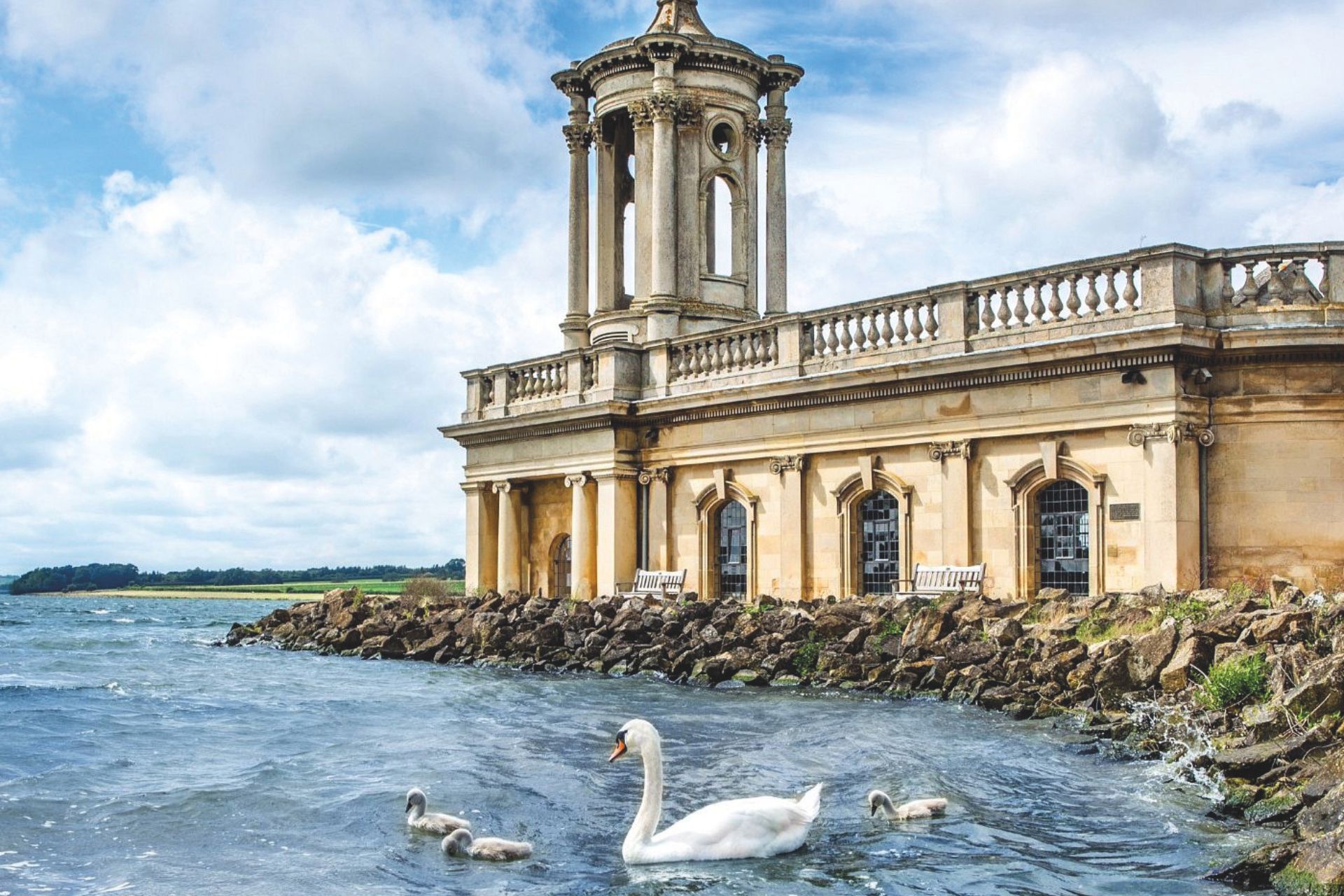 swans in blue water on the bank of normanton church, a light brown building with an open turret