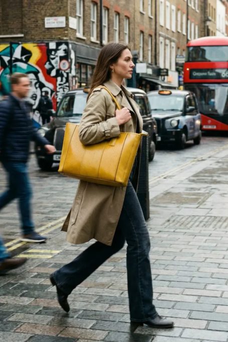 Woman holding yellow tote from B Corp fashion brand Elvis & Kresse