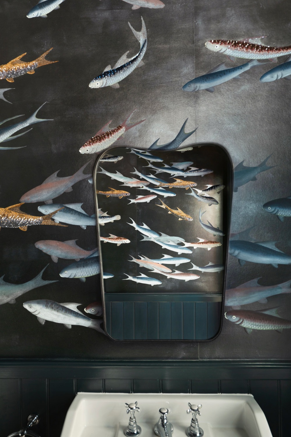 Fish wallpaper in bathroom with mirror