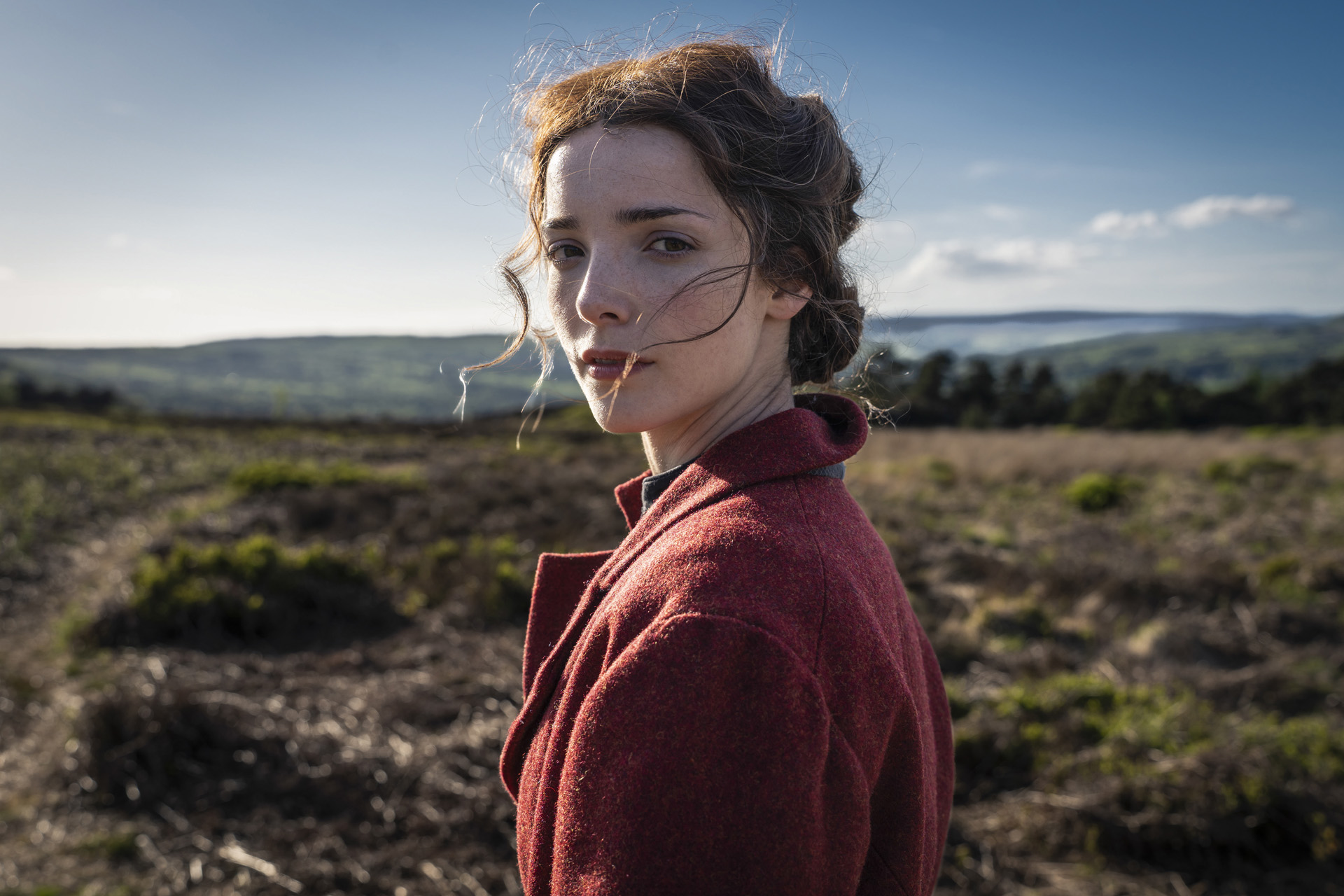Emma Harte (JESSICA REYNOLDS) backdropped by the Yorkshire Dales in A Woman of Substance.