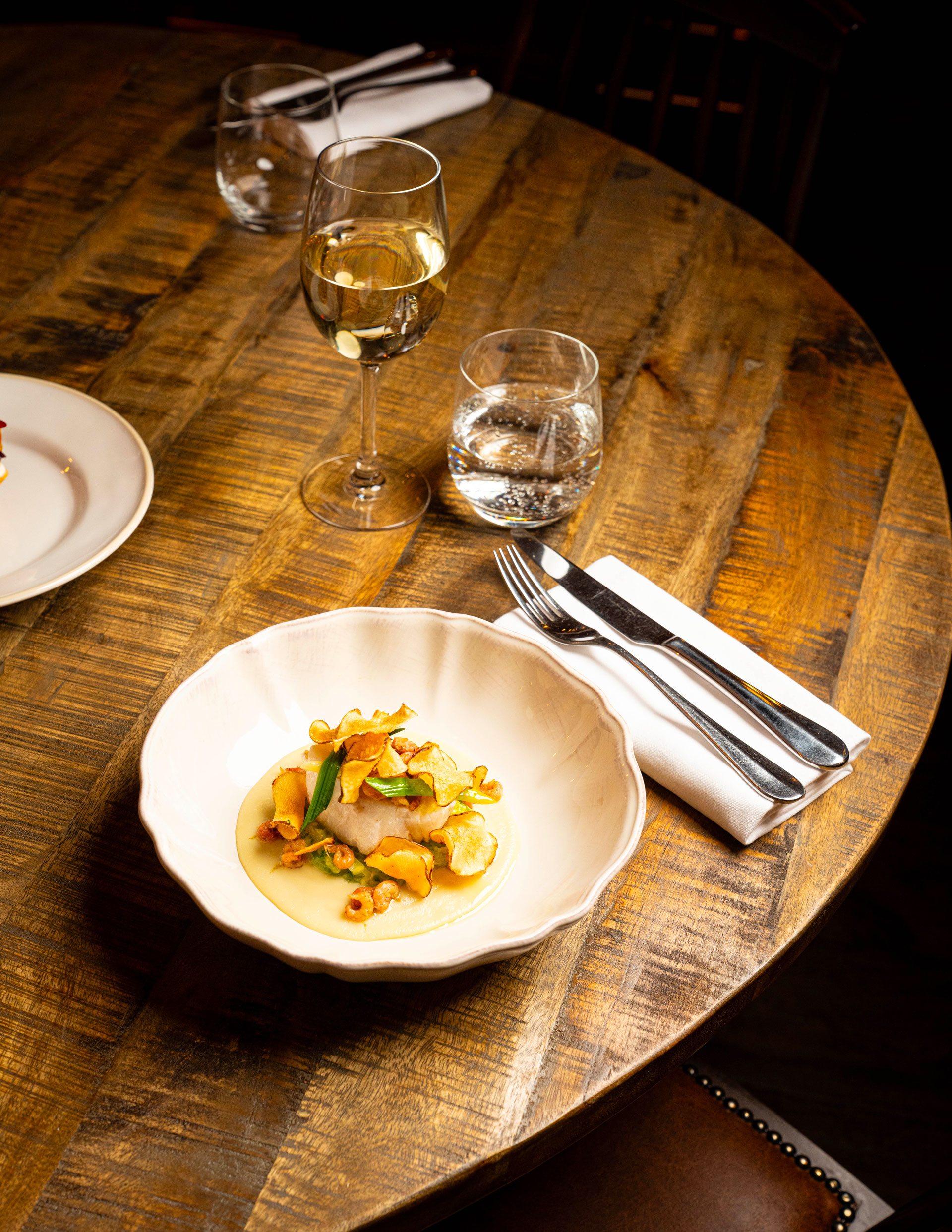 Confit Cod, Leeks, Jerusalem Artichoke, Brown Shrimp