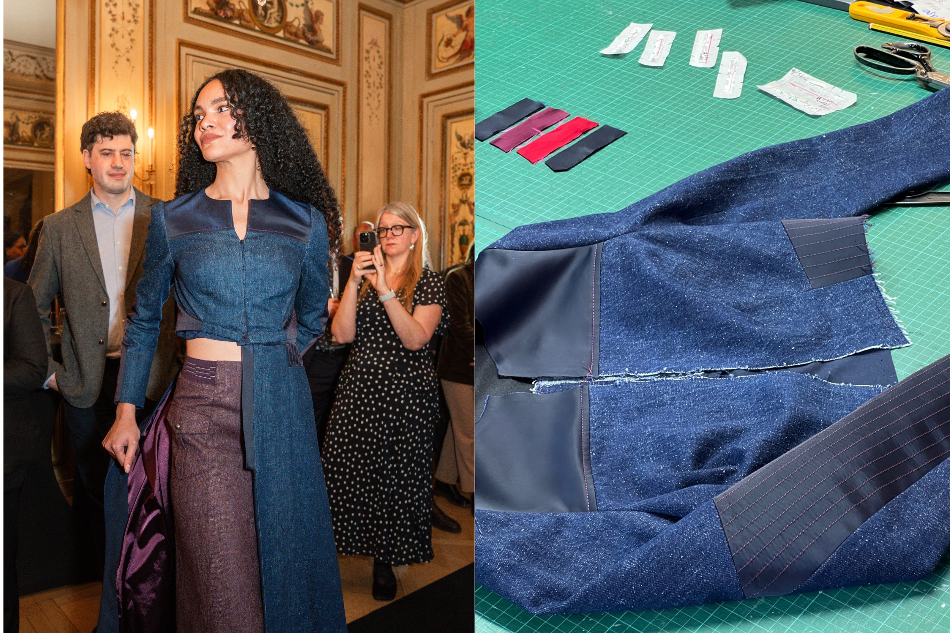 L-R: woman wearing banana denim jacket and skirt, jacket being made in design studio