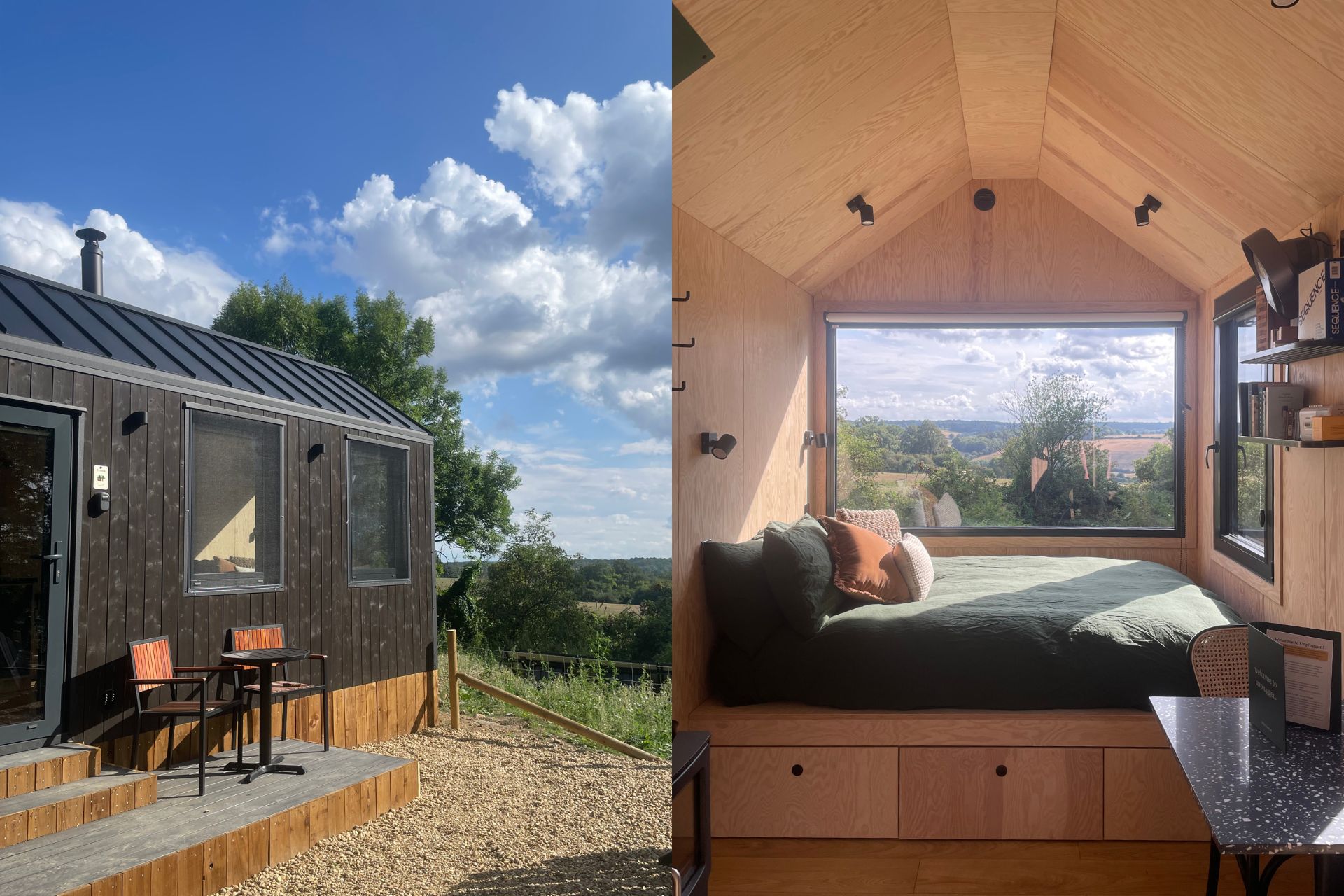 Two images of a log cabin in the countryside