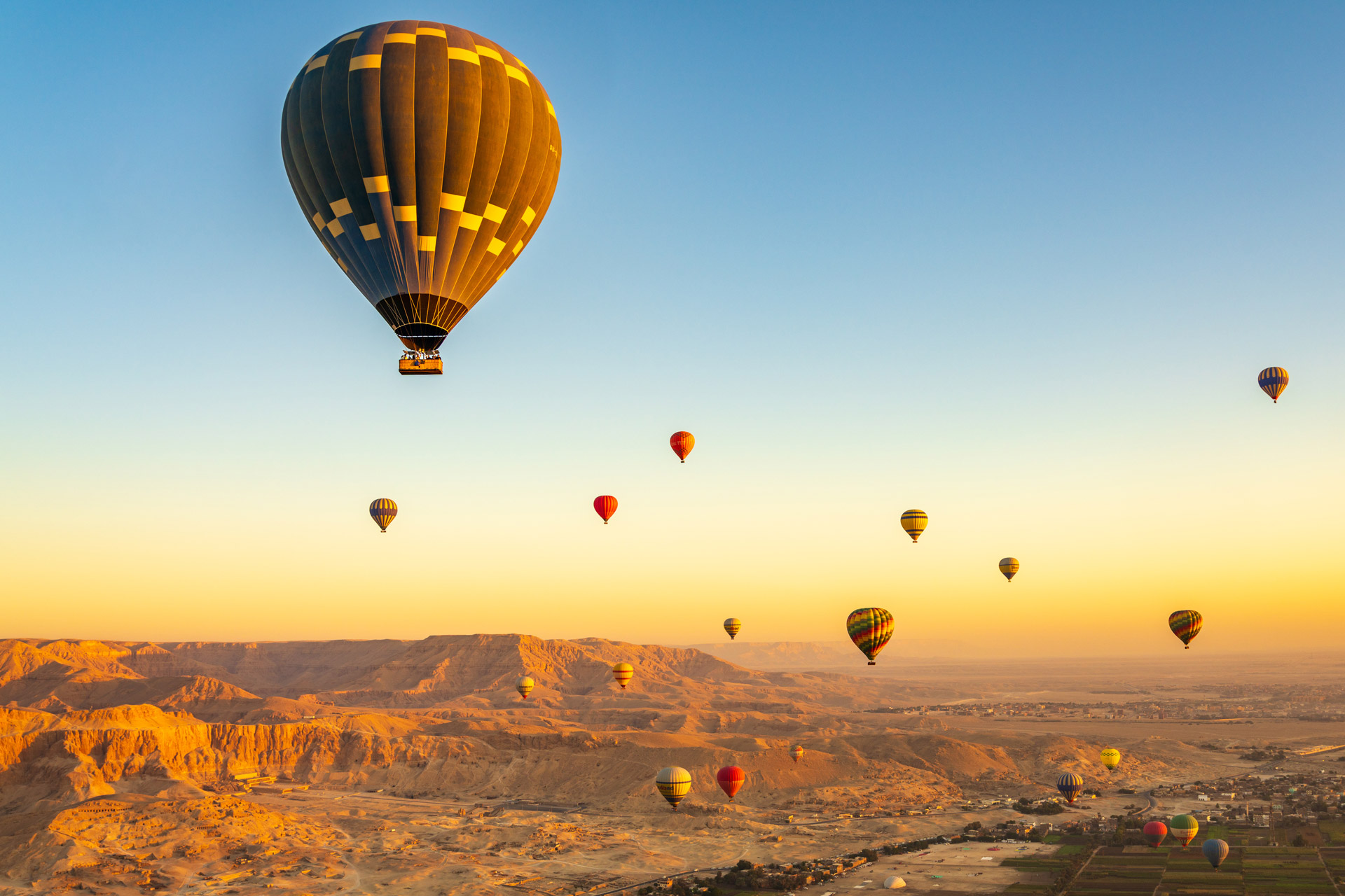 Hot air balloons flying above Luxor in Egypt