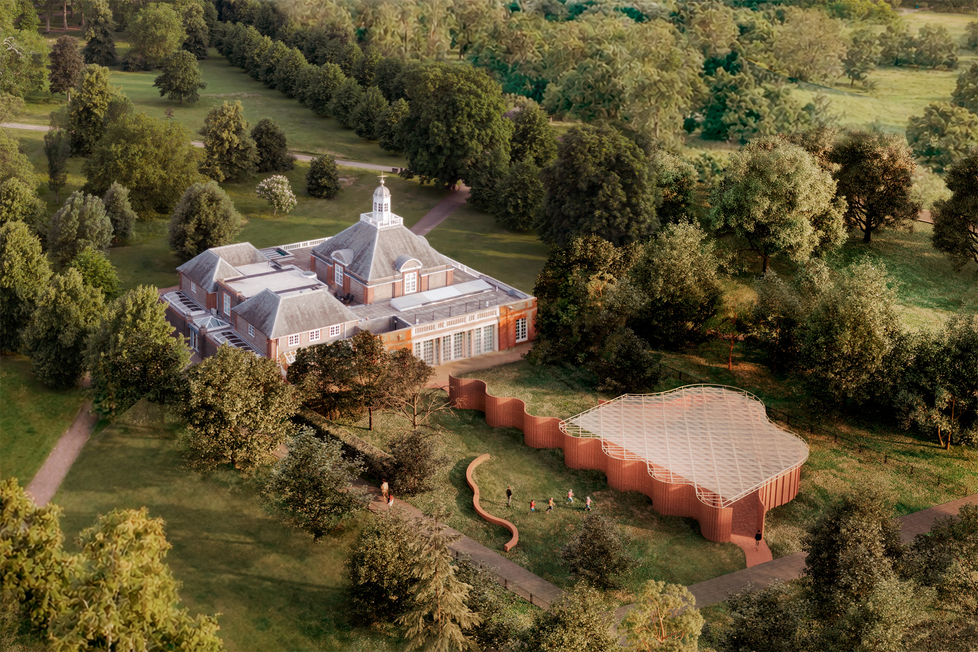 Serpentine Pavilion 2026 a serpentine, designed by Isabel Abascal and Alessandro Arienzo, LANZA atelier. Design render, aerial view