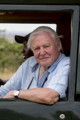 Sir David Attenborough in the Maasai Mara, Kenya, filming David Attenborough: A Life on Our Planet.