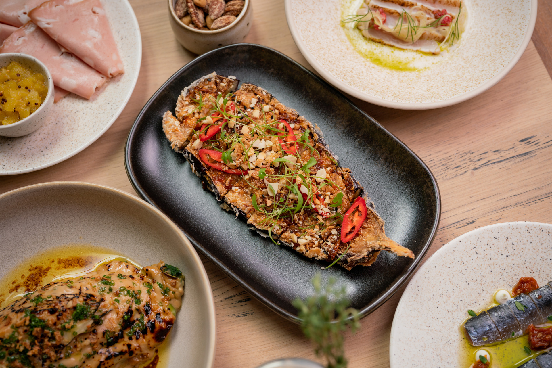 Aubergine dish at Milk Beach Soho