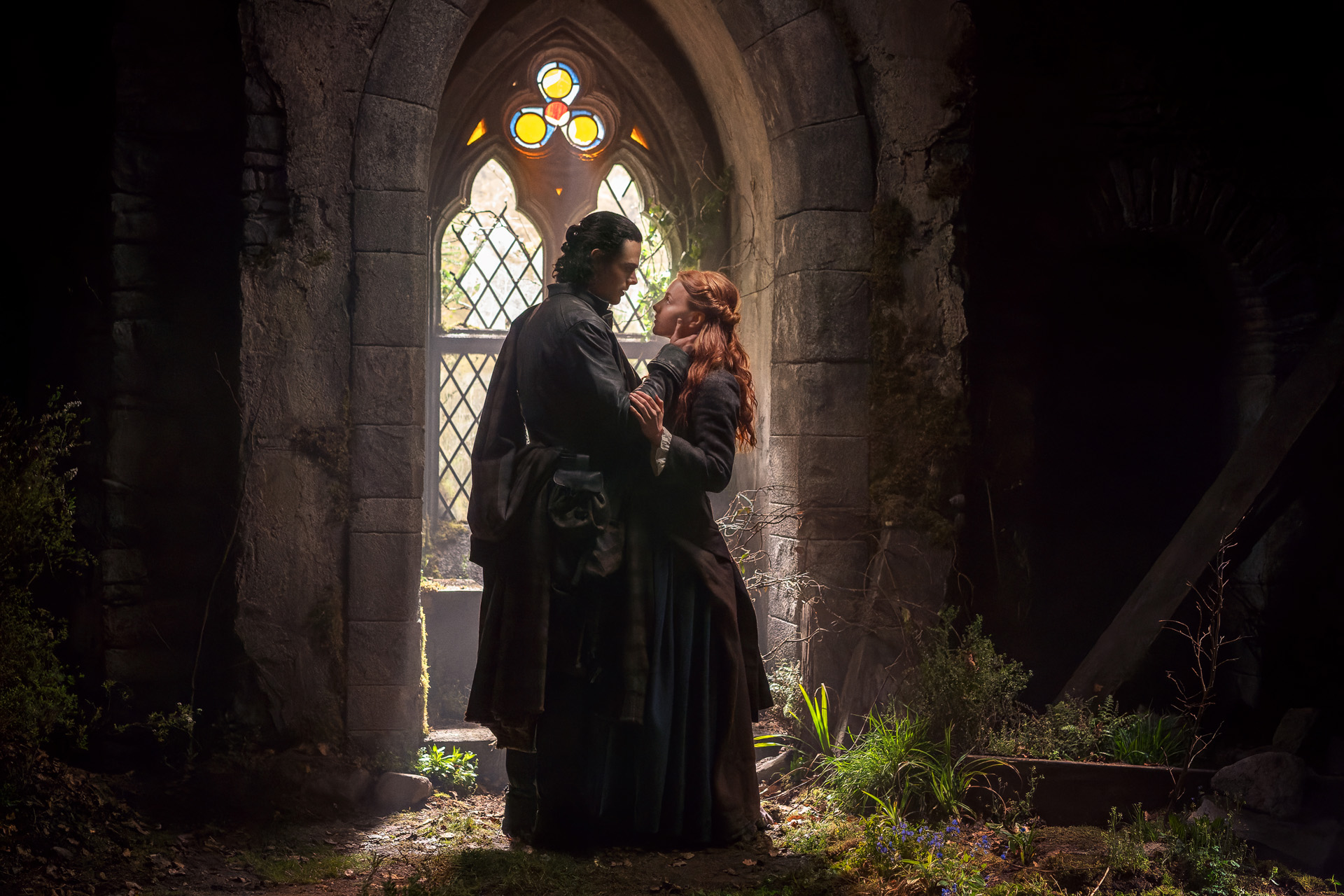 Brian Fraser (Jamie Roy) and Ellen MacKenzie (Harriet Slater) in Outlander: Blood of My Blood.