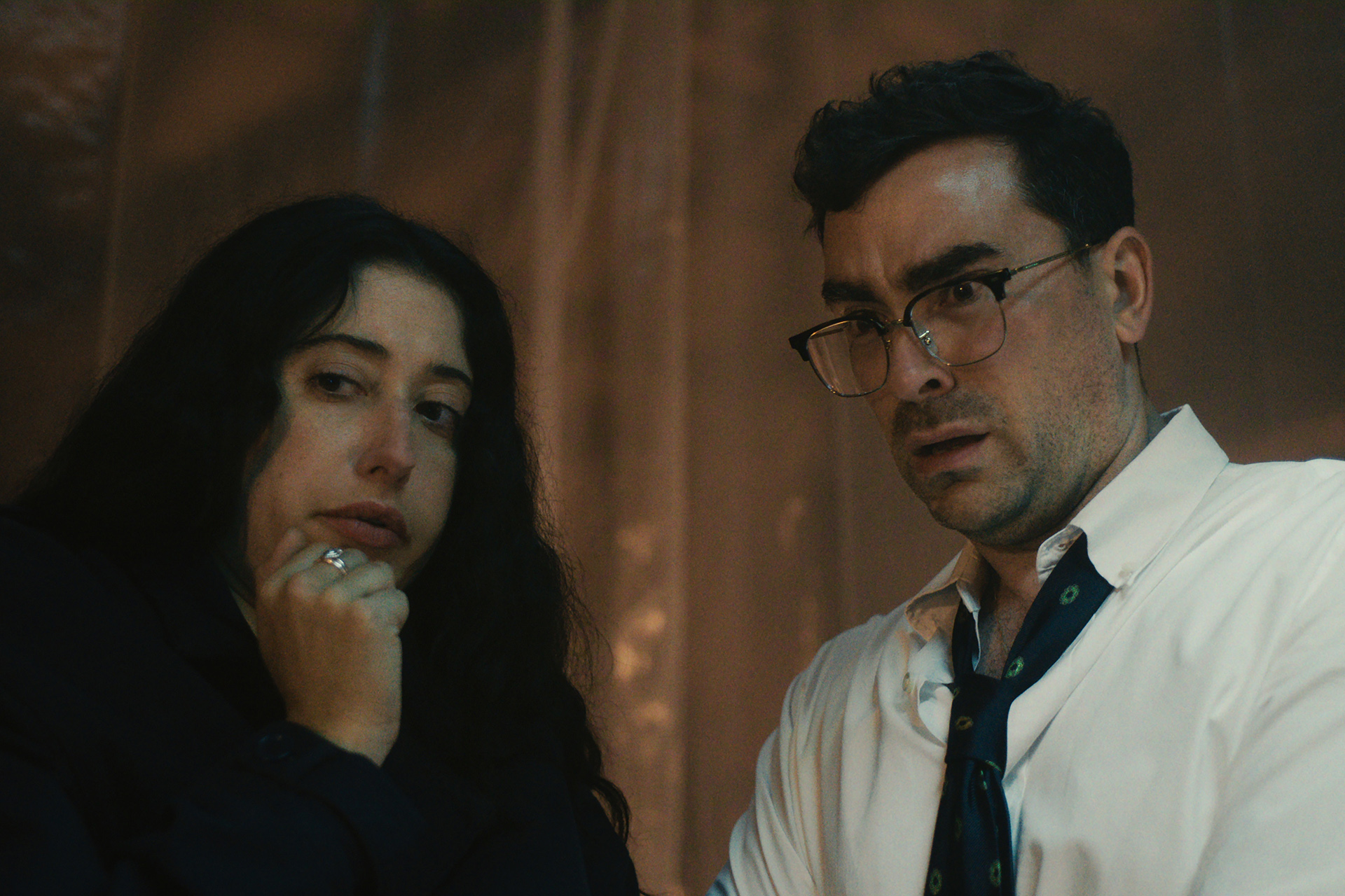 Taylor Ortega as Morgan and Dan Levy as Nicky in Big Mistakes.