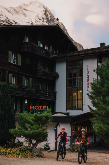 Cyclists outside a hotel in Switzerland