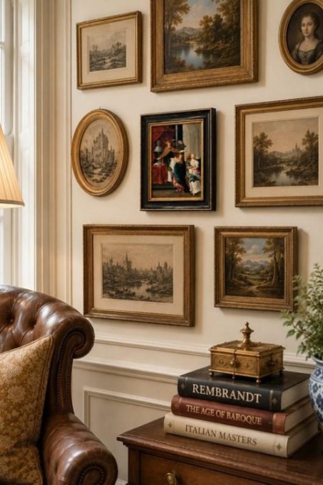 Walls hung with antique paintings listed by Decorative Collective
