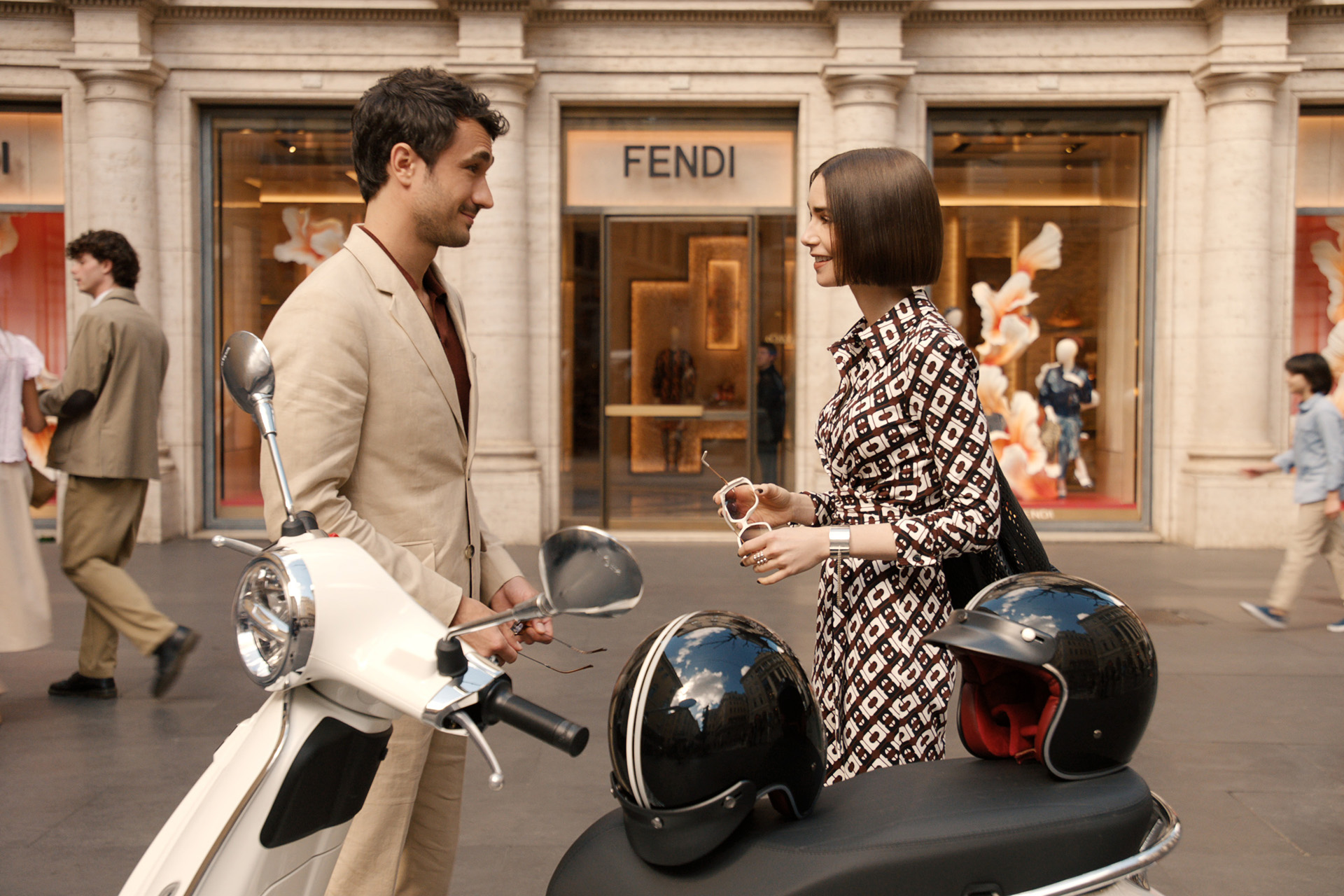 Eugenio Franceschini as Marcello, Lily Collins as Emily in Emily In Paris season 5