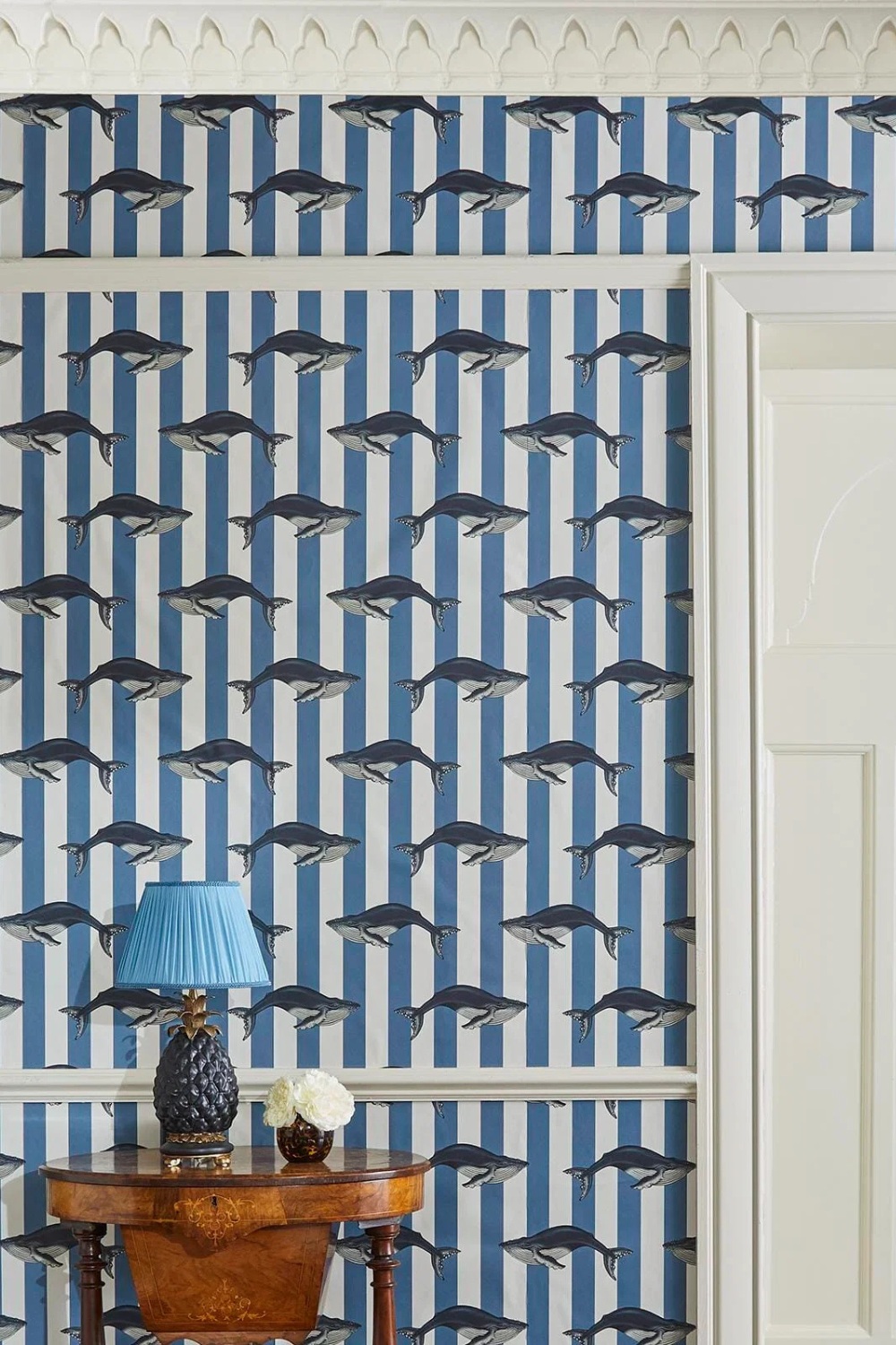 House of Hackney blue striped whale wallpaper