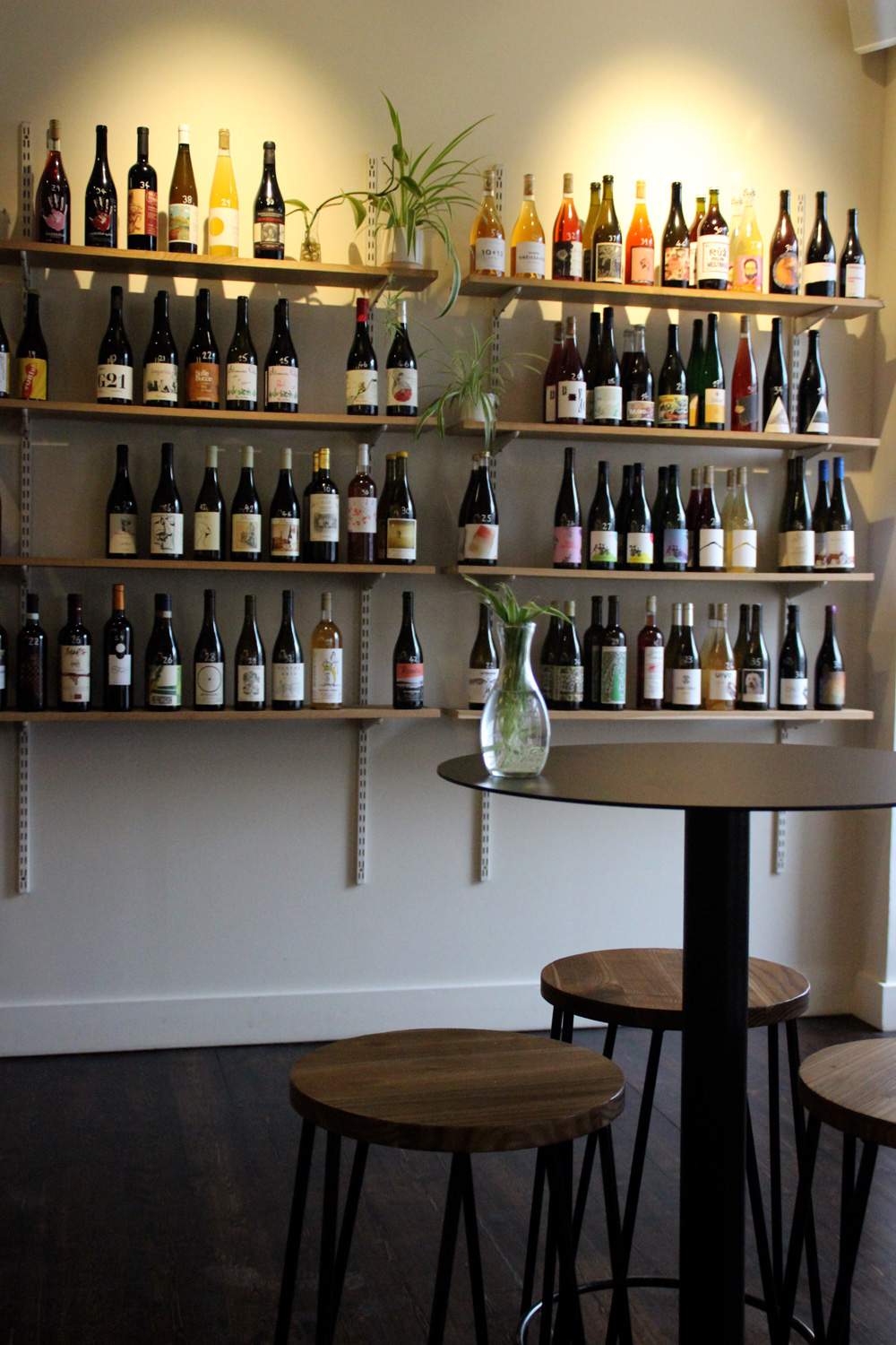 Wine bottles on the wall at Spry wines in Edinburgh