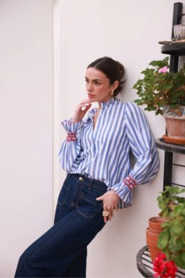 Woman wearing striped shirt | what to wear to the office in spring