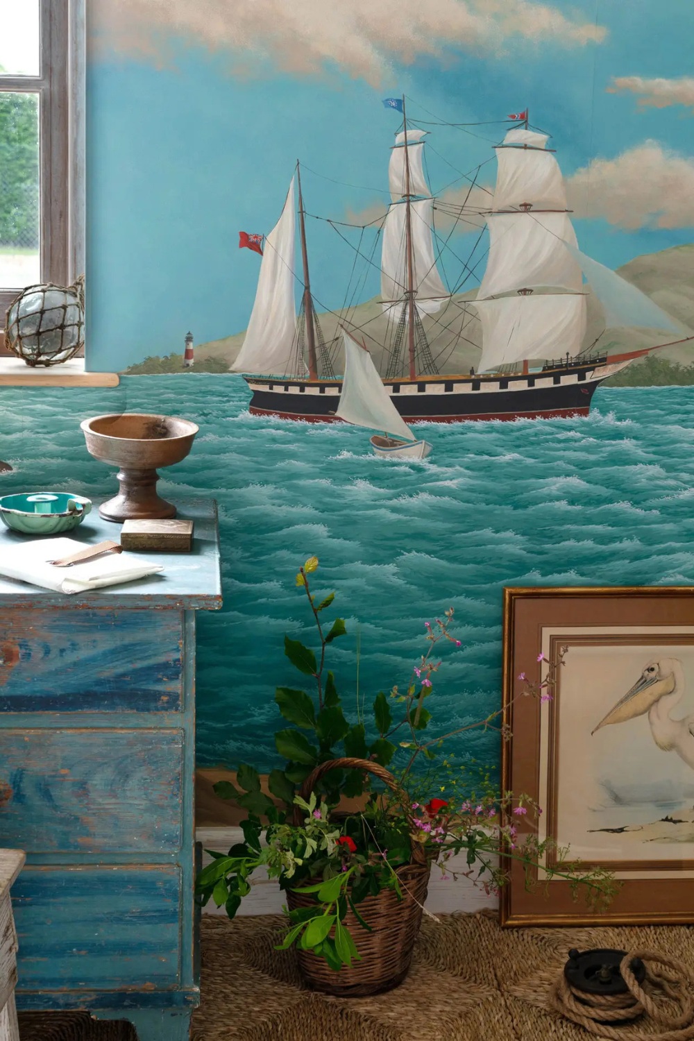 de Gournay Nantucket Crossing ships and shore wallpaper