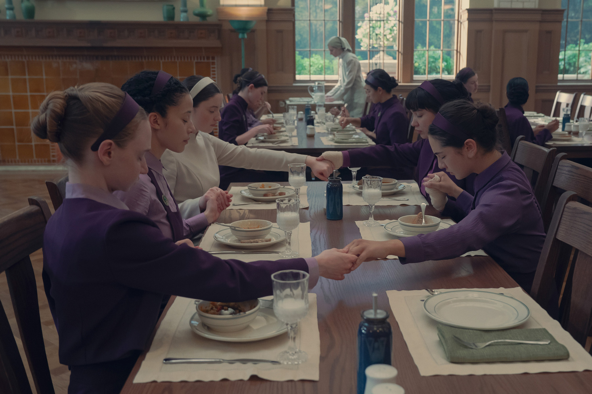 Isolde Ardies as Hulda, Chase Infiniti as Agnes, Lucy Halliday as Daisy, Rowan Blanchard as Shunammite & Mattea Conforti as Becka in The Testaments.