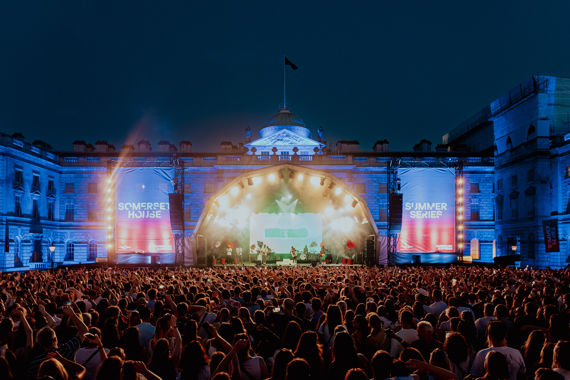 Somerset House at night with the lights of a concert