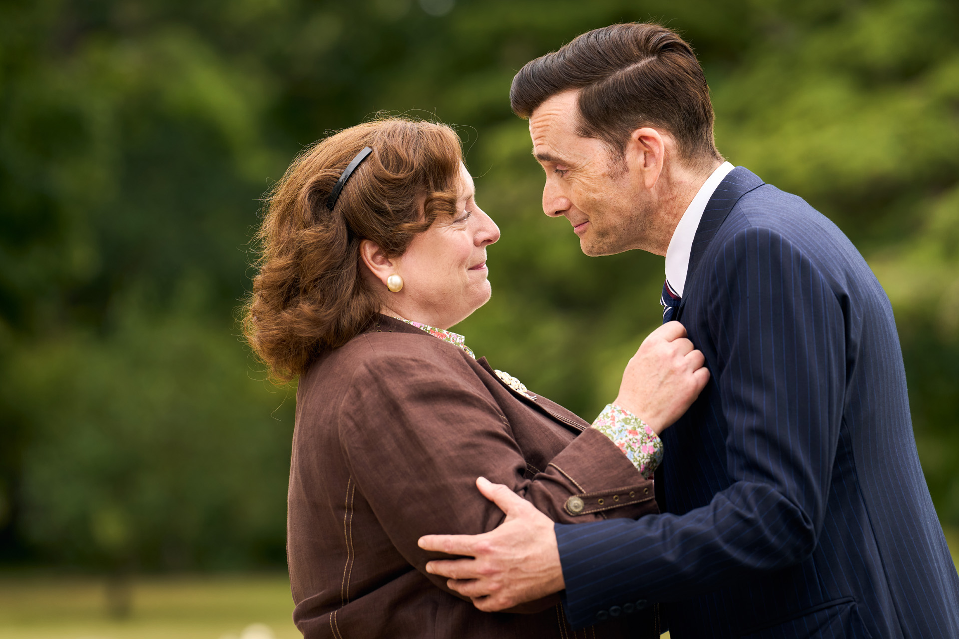 Claire Rushbrook as Monica and David Tennant as Tony Baddingham in Rivals season 2.