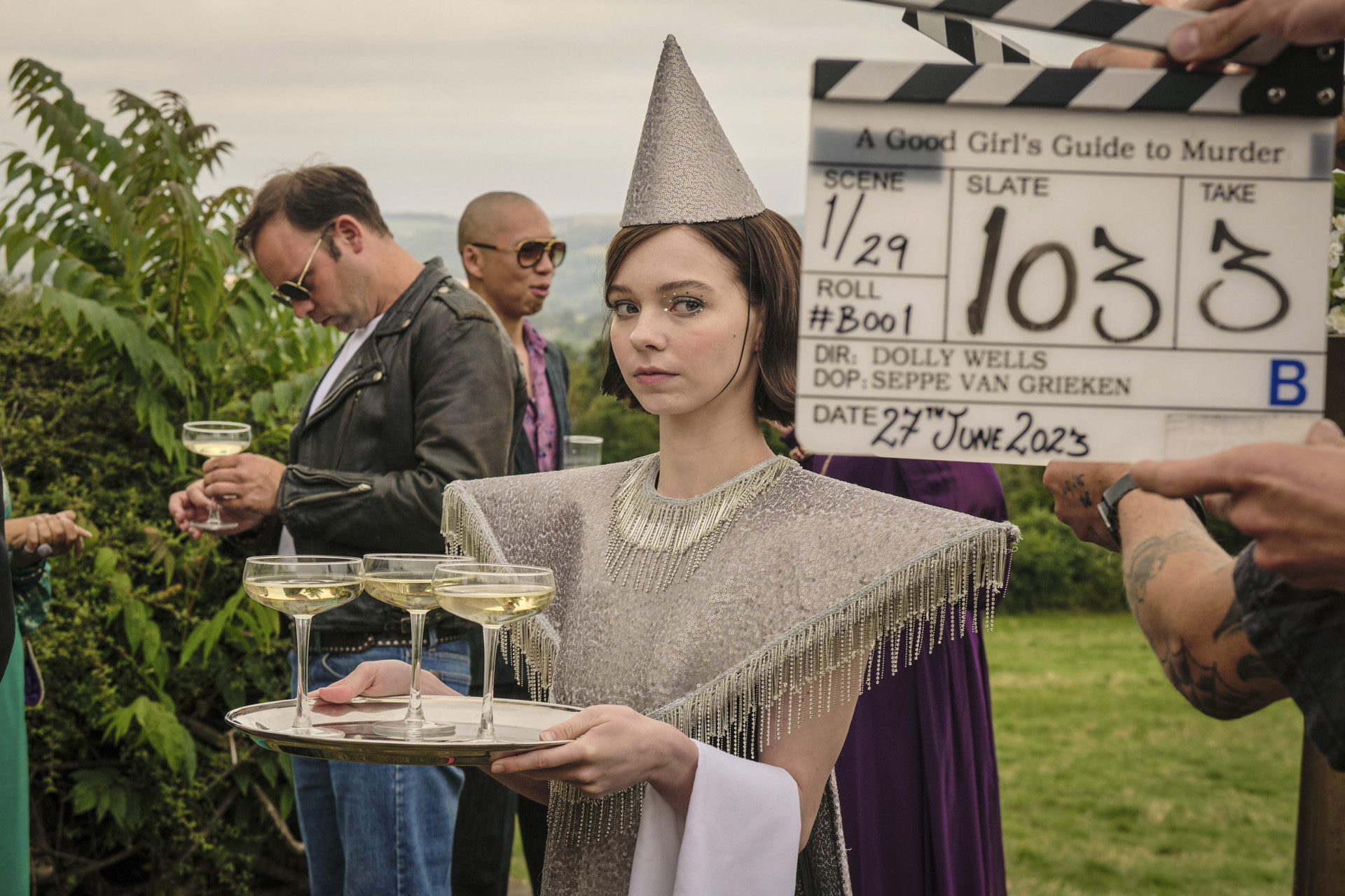 Pip Fitz-Amobi (EMMA MYERS) behind the scenes on A Good Girl's Guide To Murder.