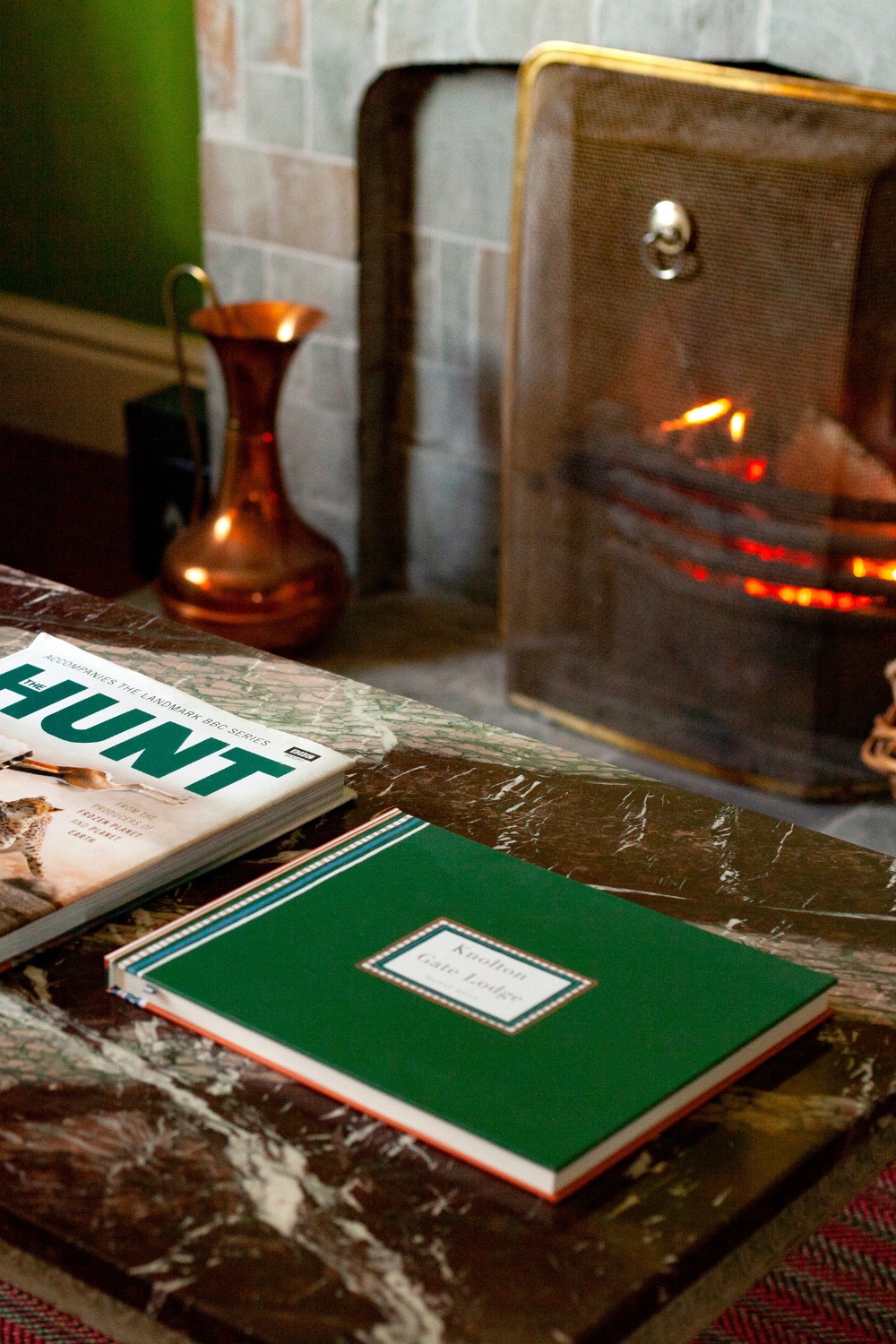 Guest book on marble-topped table, design for 18th century gate lodge by Annie-Rose Chantler