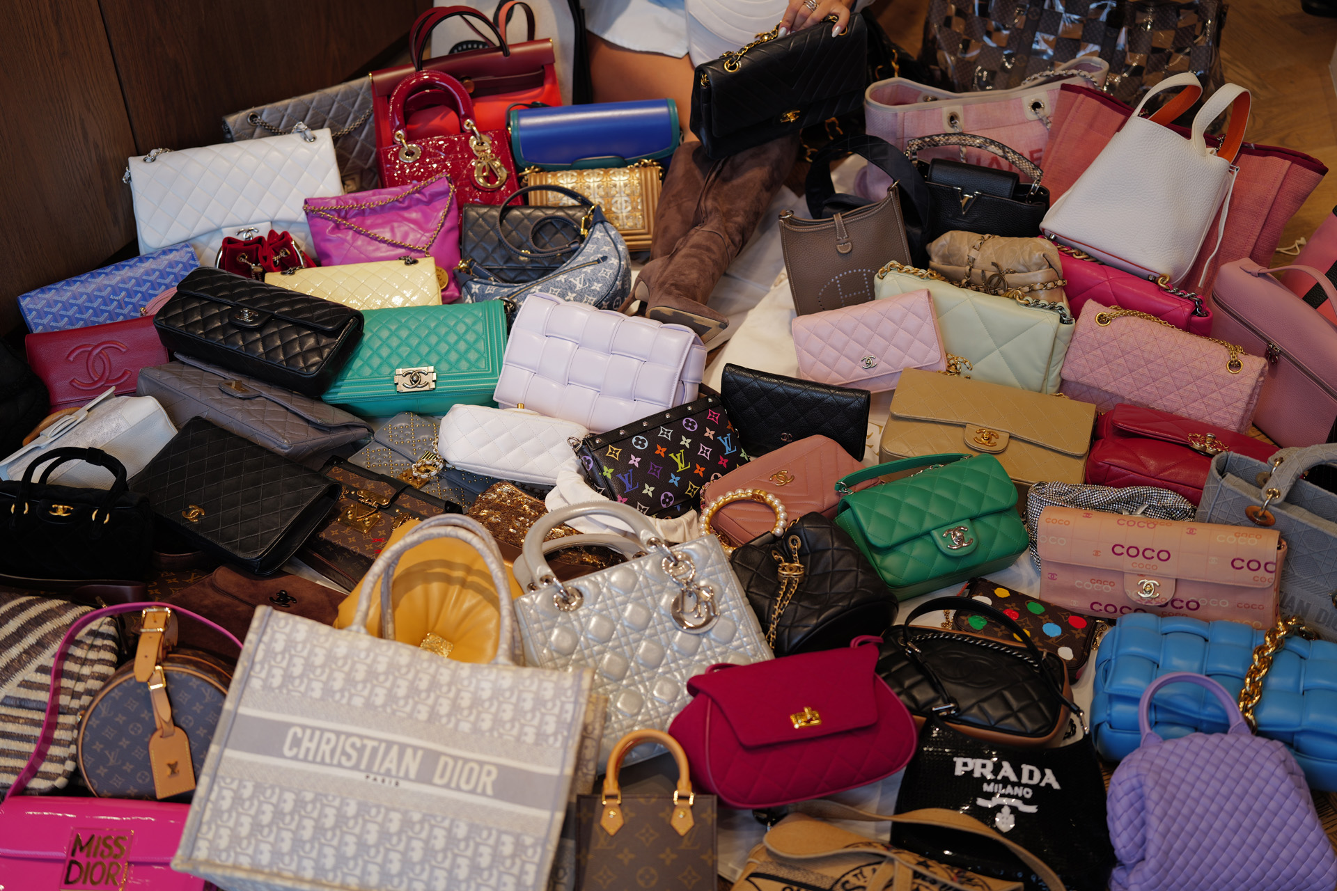 A pile of handbags