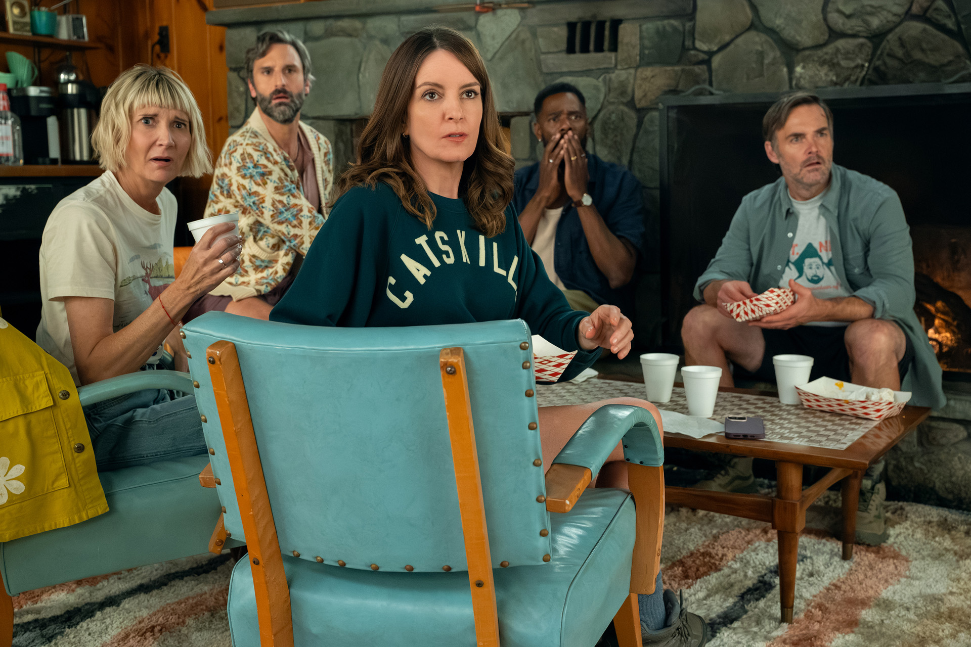 Kerri Kenney-Silver as Anne, Marco Calvani as Claude, Tina Fey as Kate, Colman Domingo as Danny, and Will Forte as Jack in season 2 of The Four Seasons