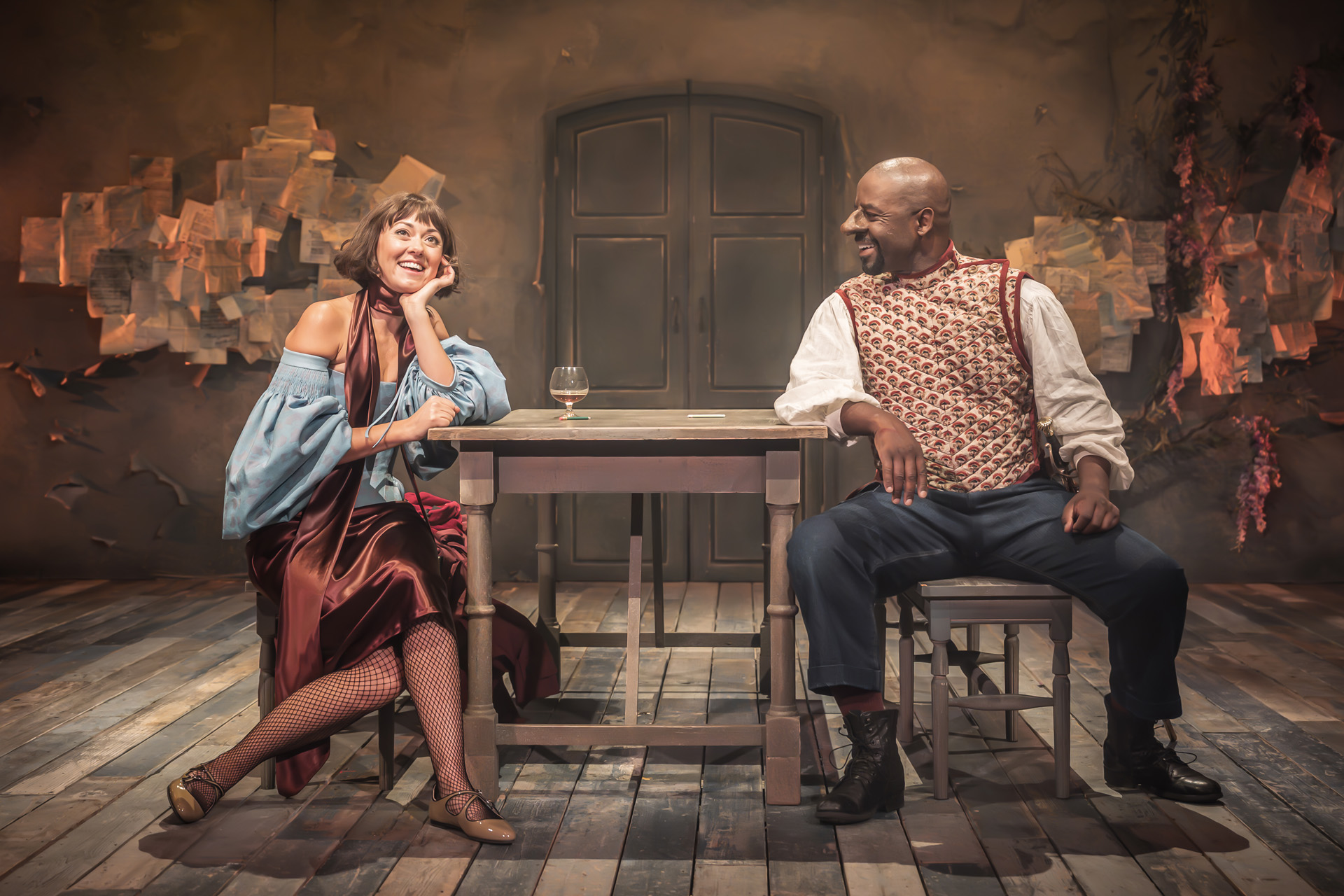Susannah Fielding as Roxane and Adrian Lester as Cyrano in RSC's Cyrano de Bergerac.