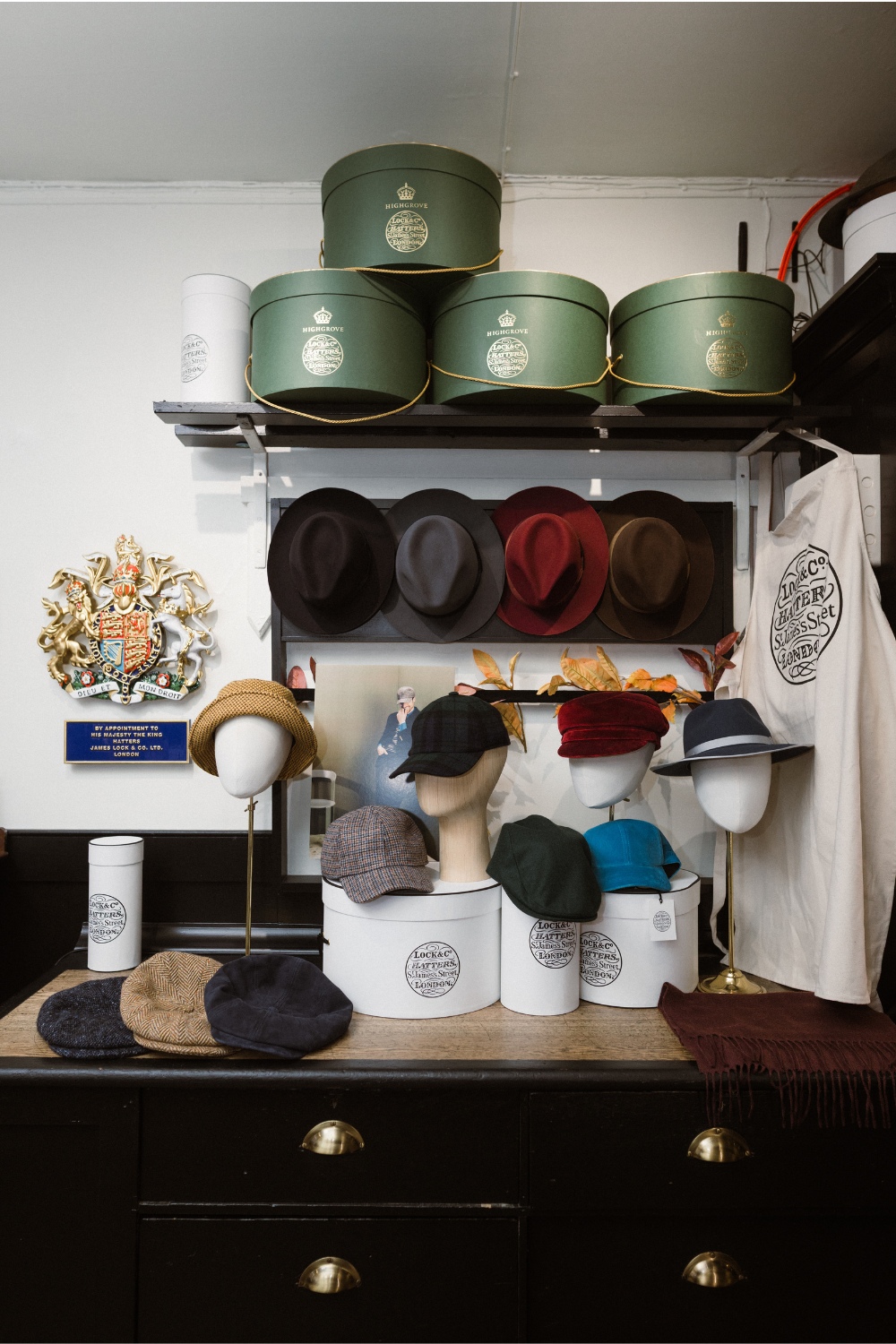 Hats on shelves, inside Lock & Co.