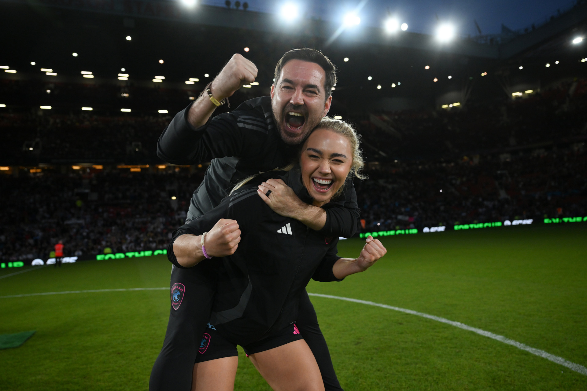 Martin Compston and Livi Diamond Sheldon celebrate following Soccer Aid for UNICEF 2025 taking place on Sunday 15th June at Old Trafford, Manchester