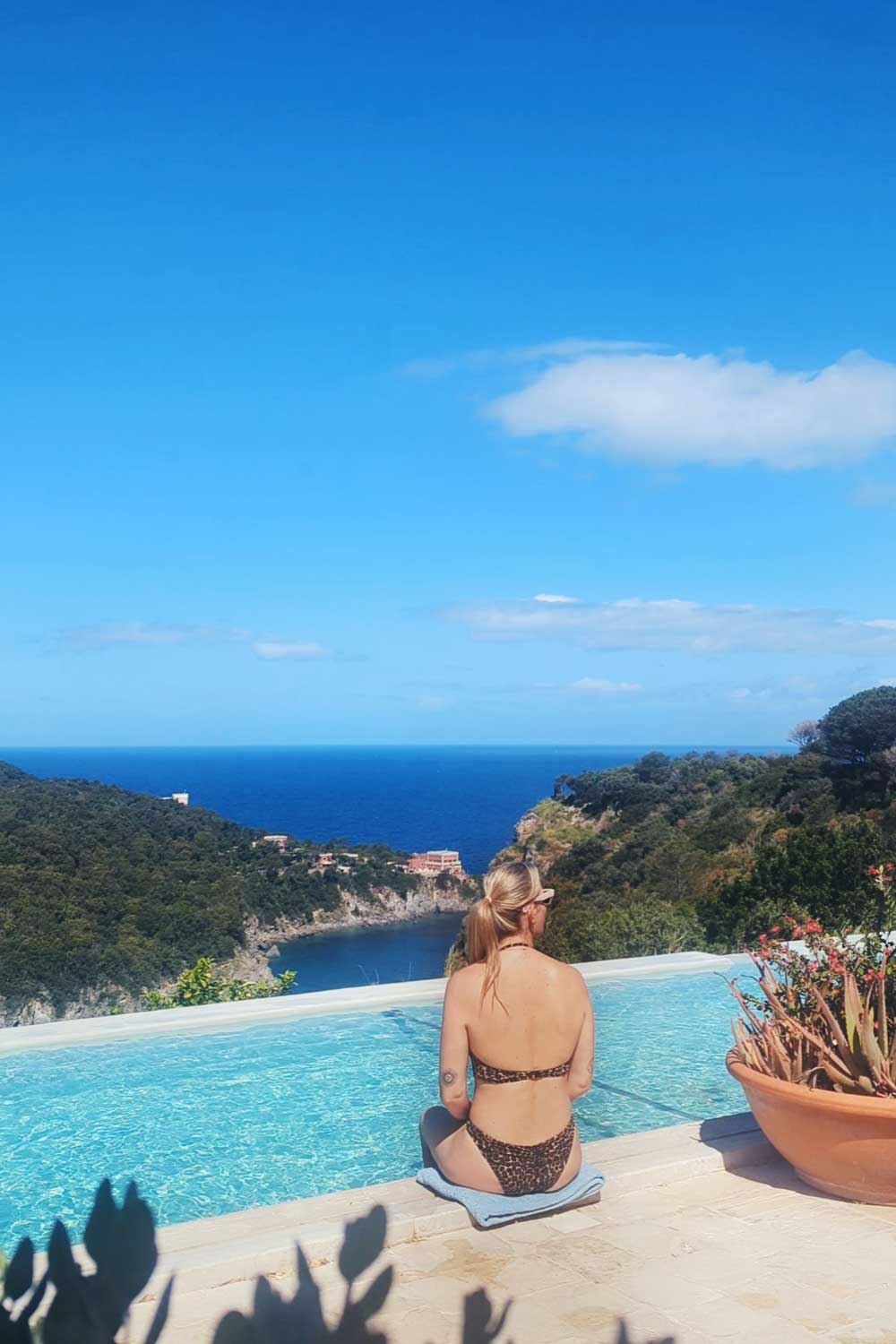 Rebecca Cox by the pool at San Montano, Ischia