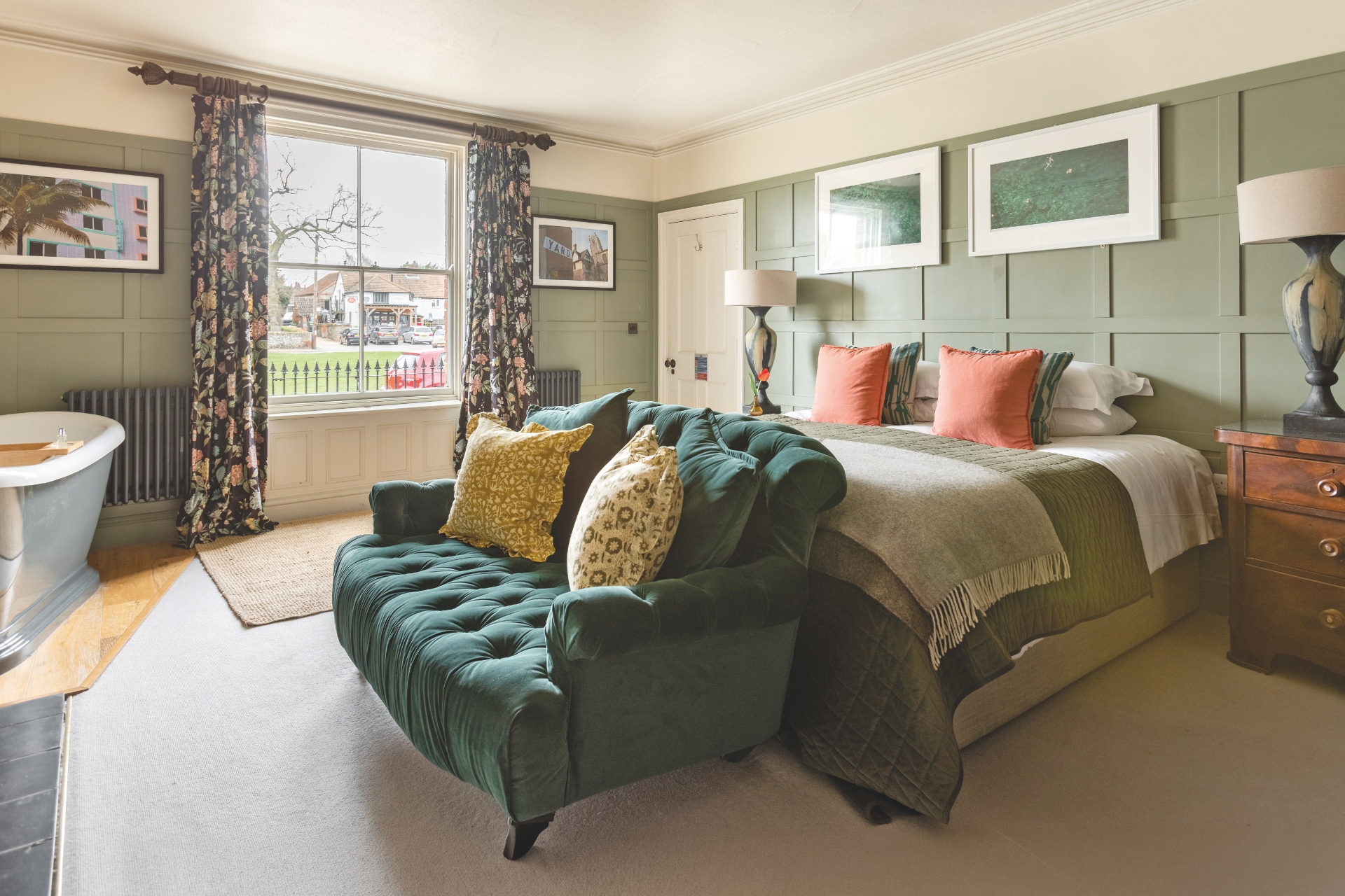Hotel room with bed and sofa