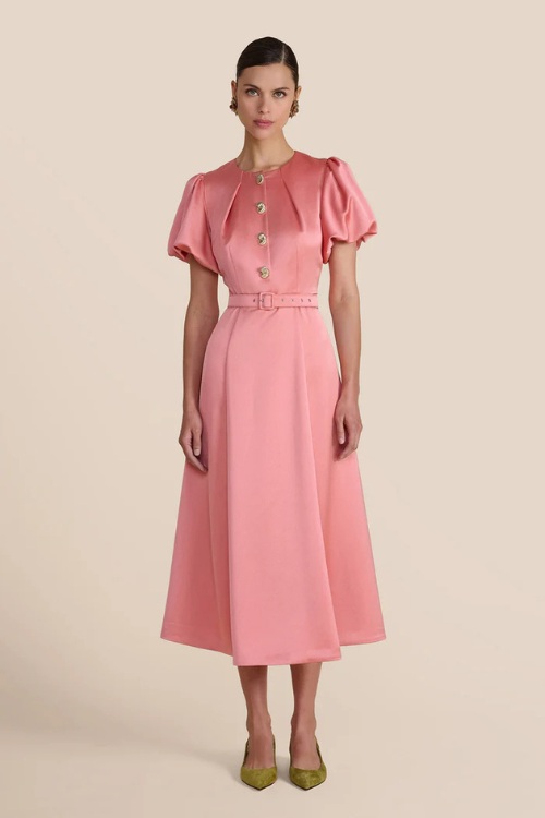 Woman wearing pink Beulah dress