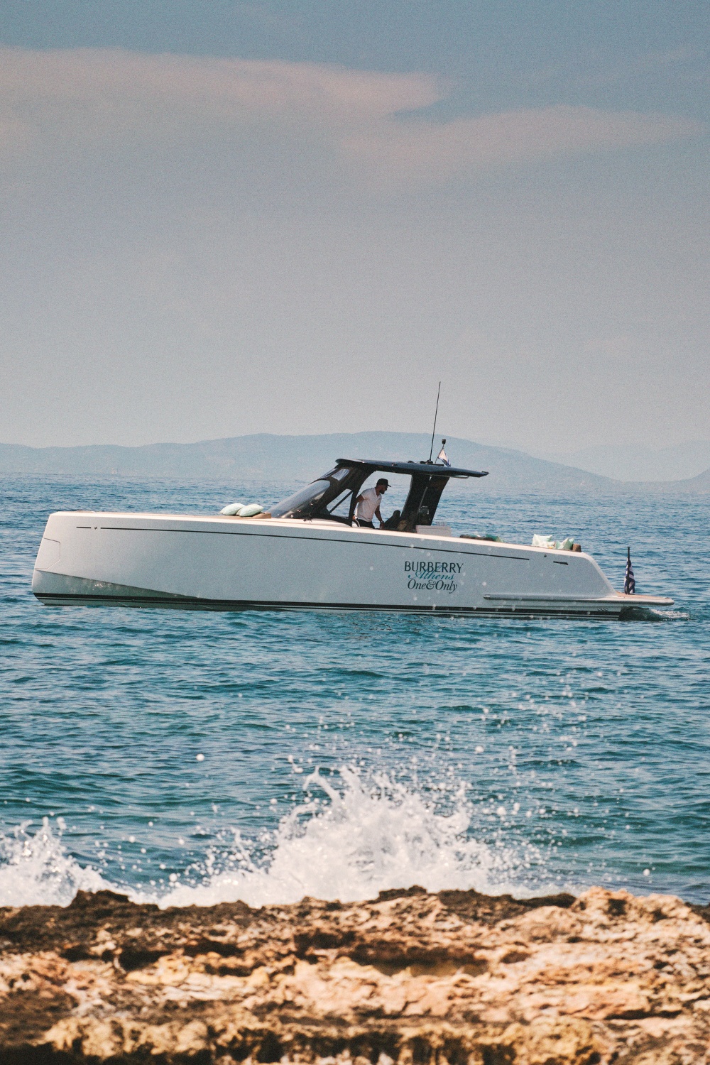 Boat with Burberry branding at One&Only Aesthesis