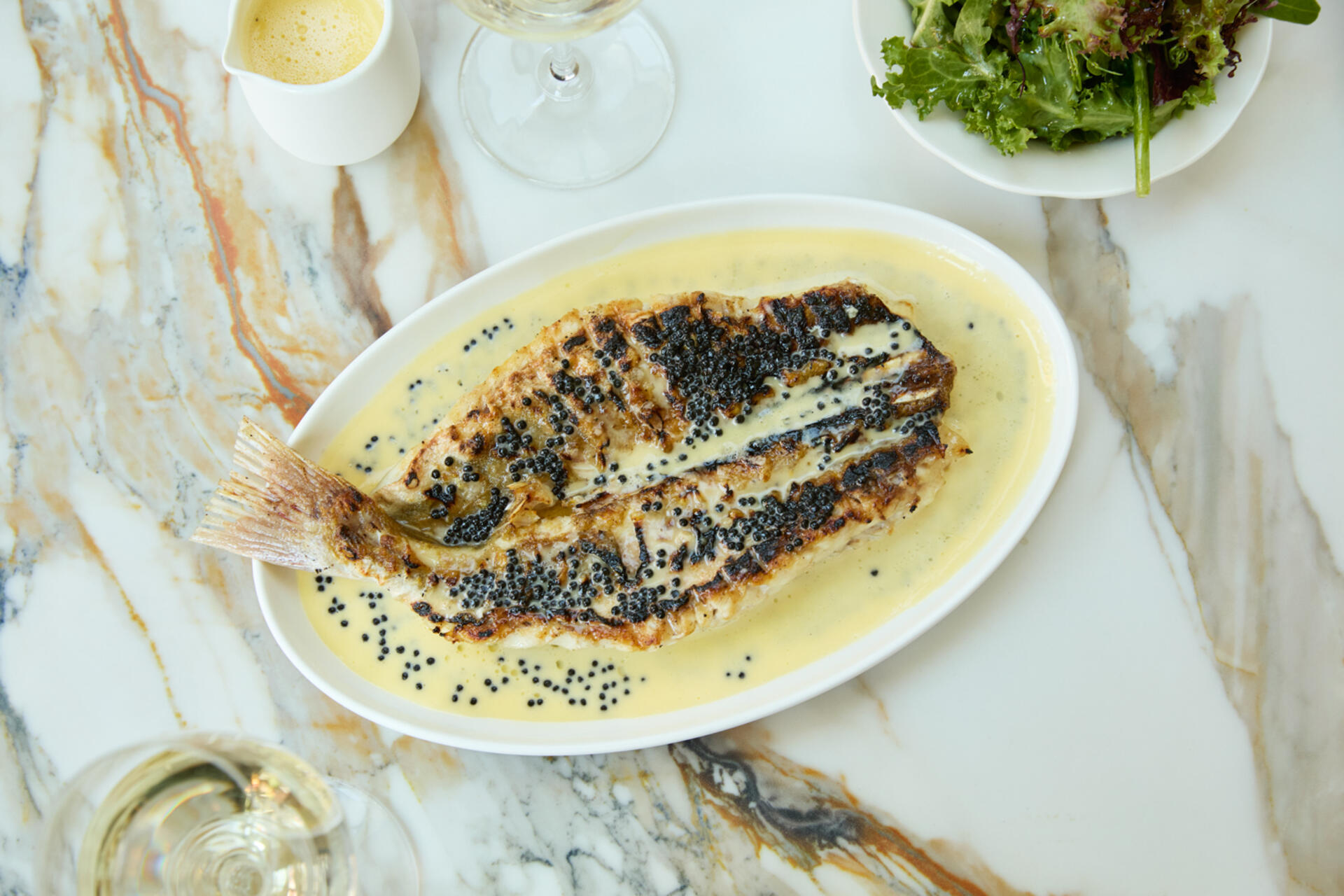 A fish dish shot from above