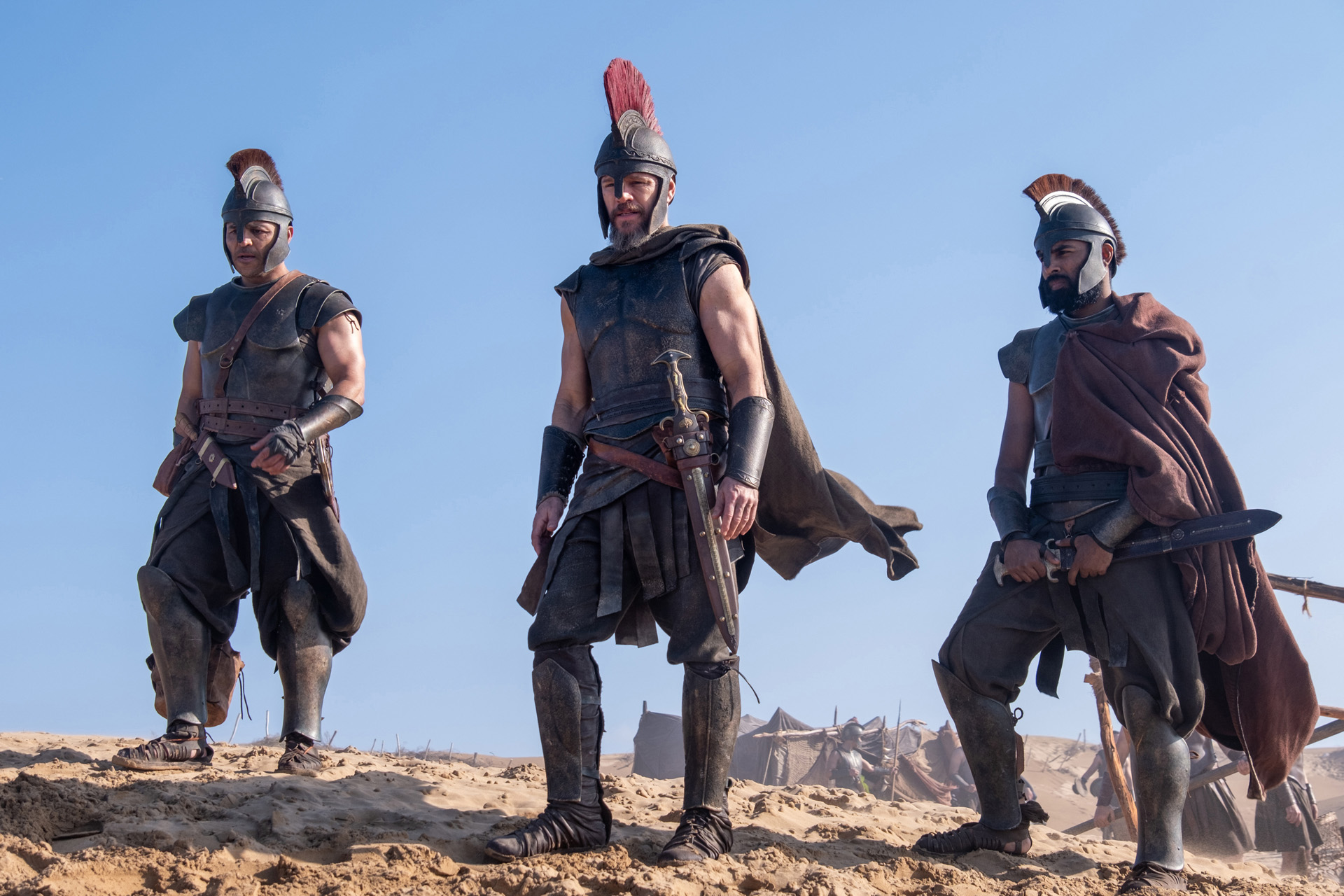 Jimmy Gonzales is Cepheus, Matt Damon is Odysseus and Himesh Patel is Eurylochus in THE ODYSSEY