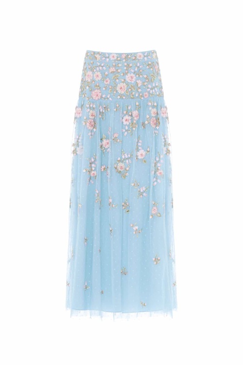 Blue ankle skirt with floral detailing by Needle & Thread