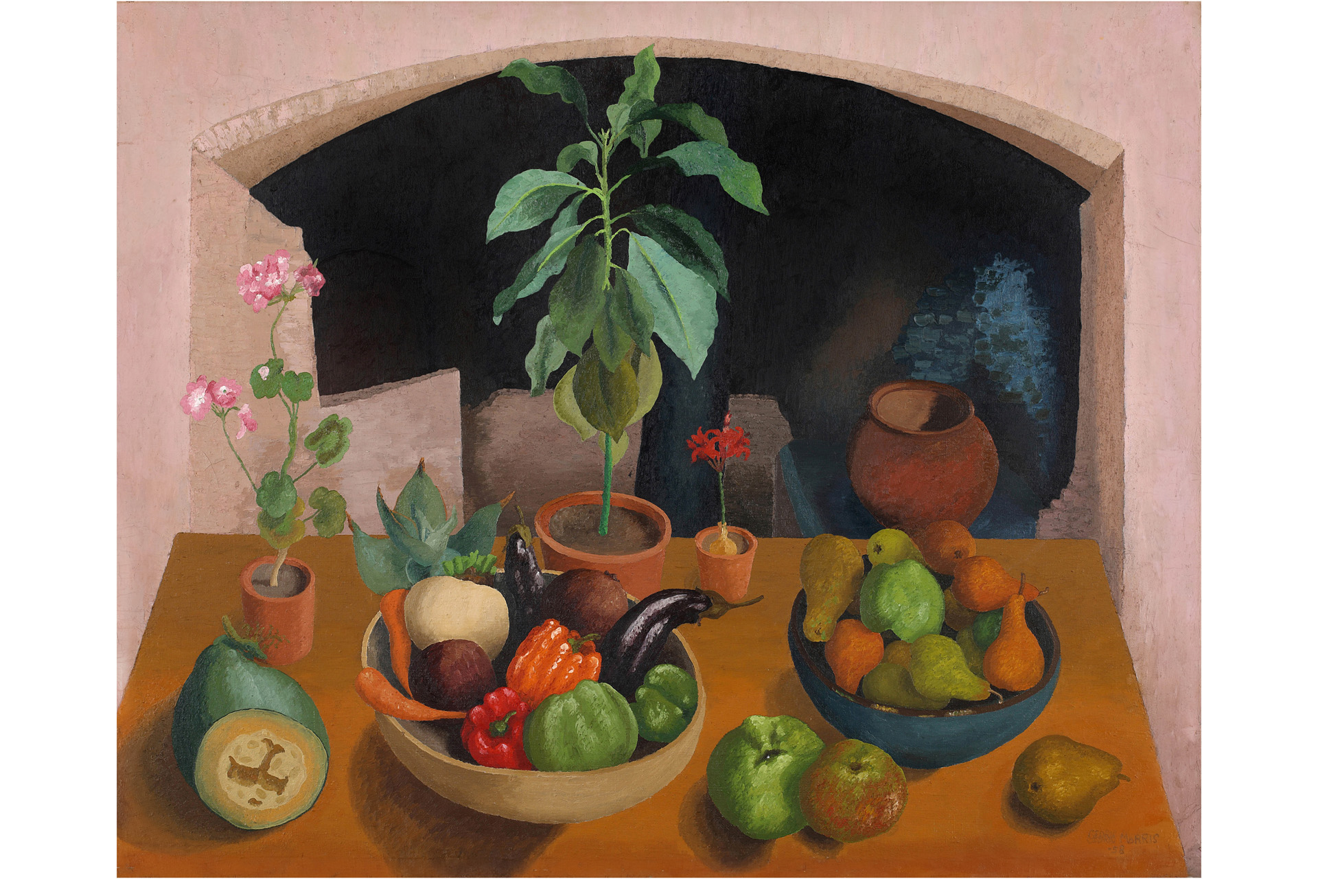 A painting of plants and garden produce