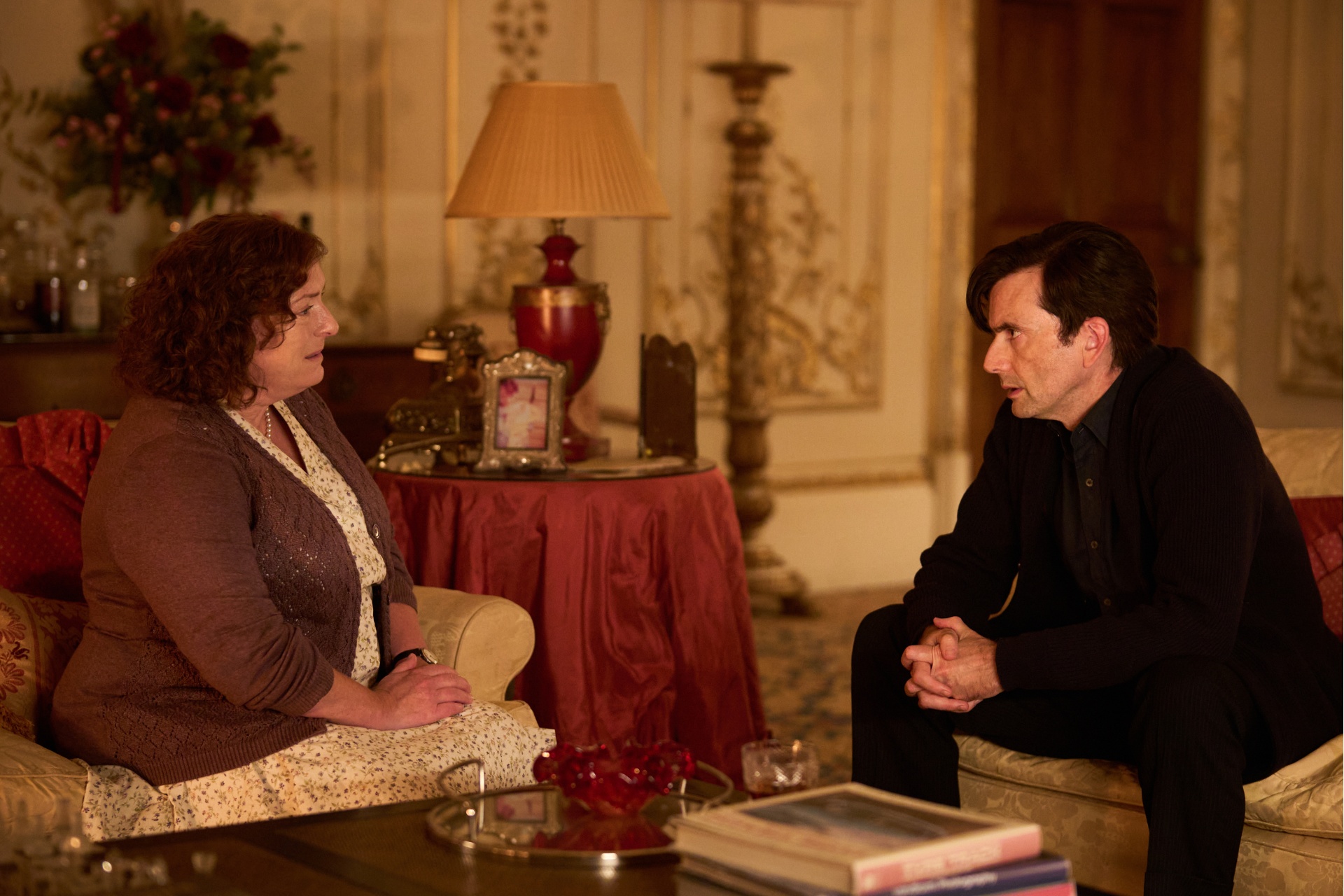 Claire Rushbrook as Monica Baddingham and David Tennant as Tony Baddingham in Rivals season 2 (c) Disney