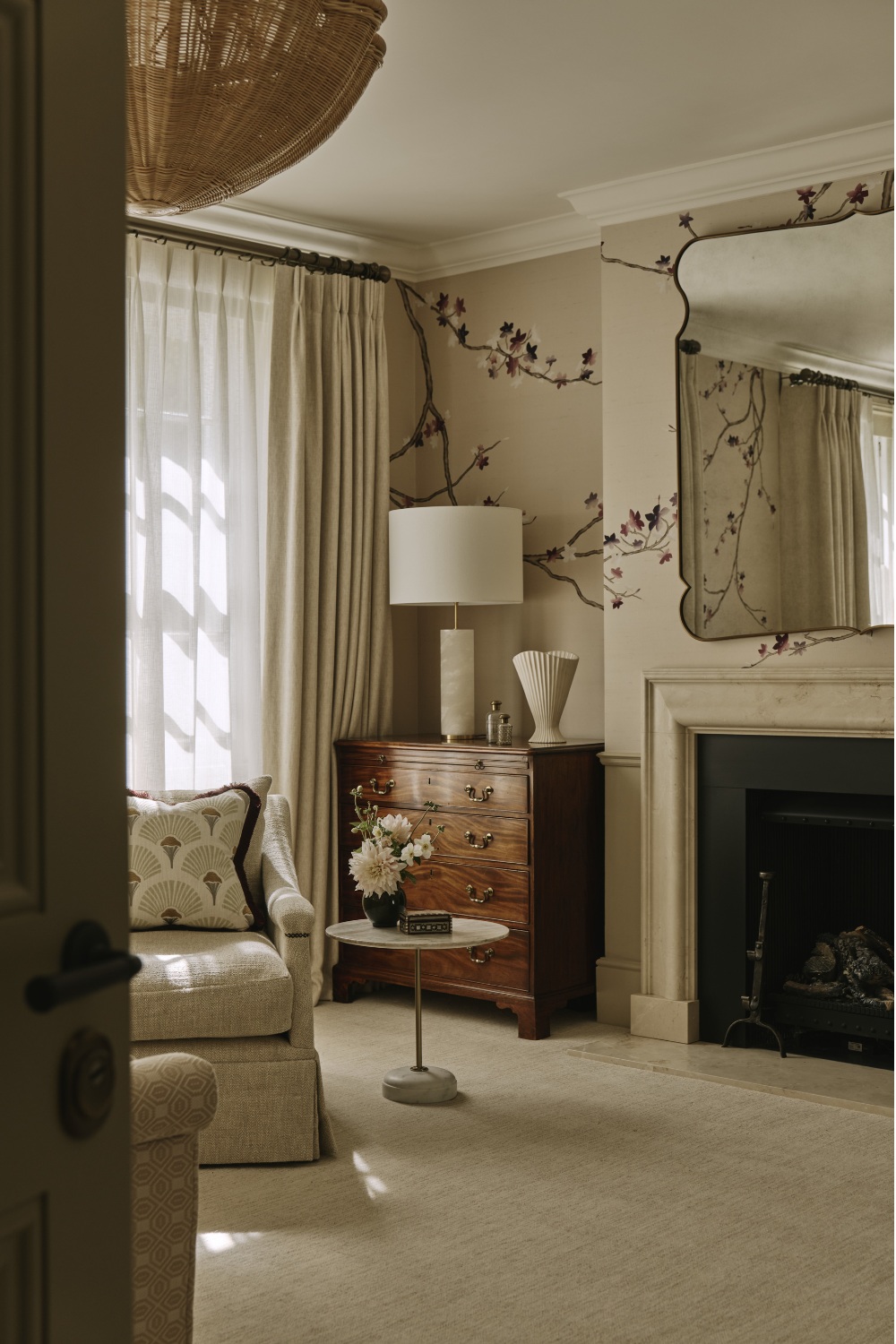 Master bedroom with cherry blossom wallpaper