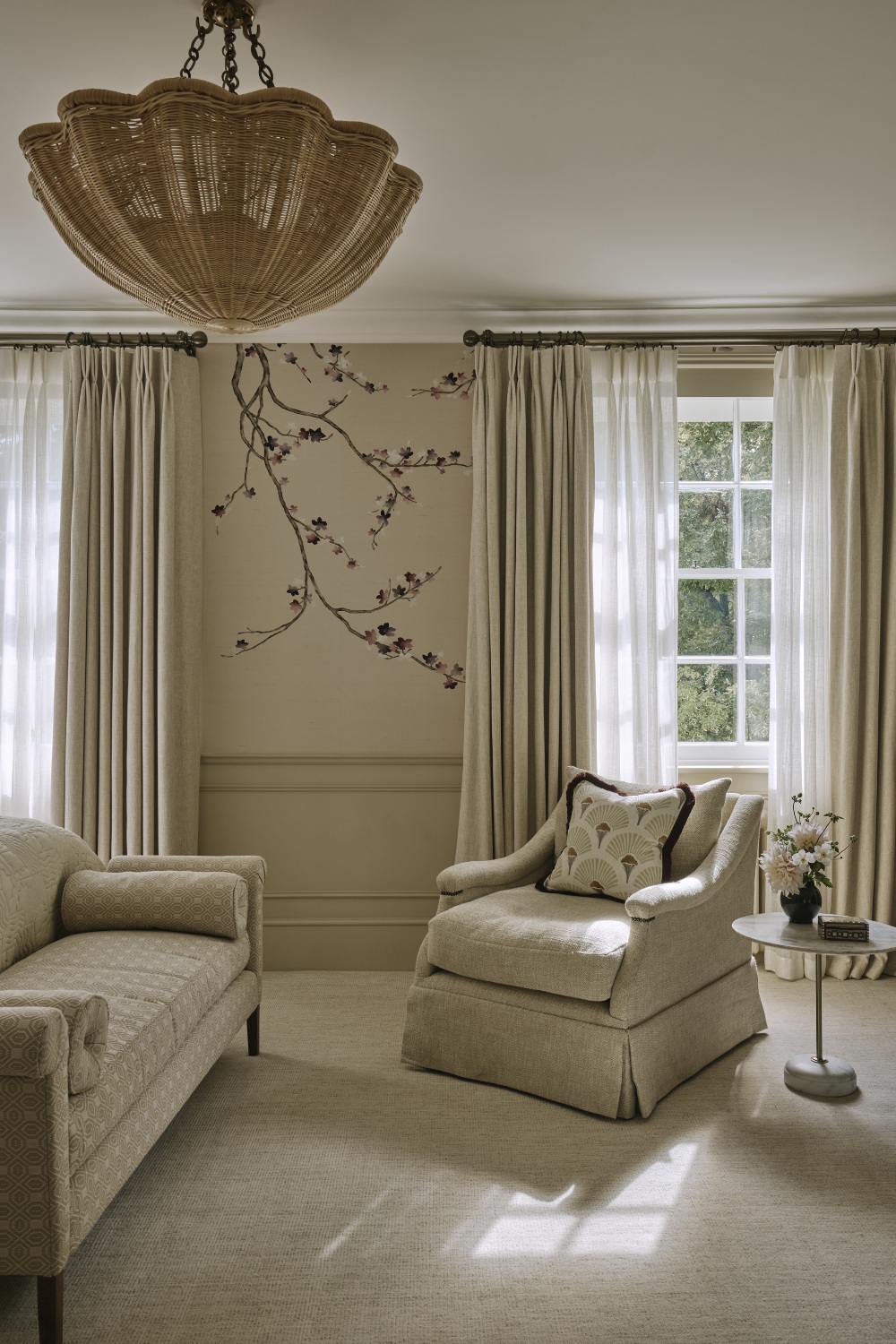 Master bedroom with cherry blossom wallpaper
