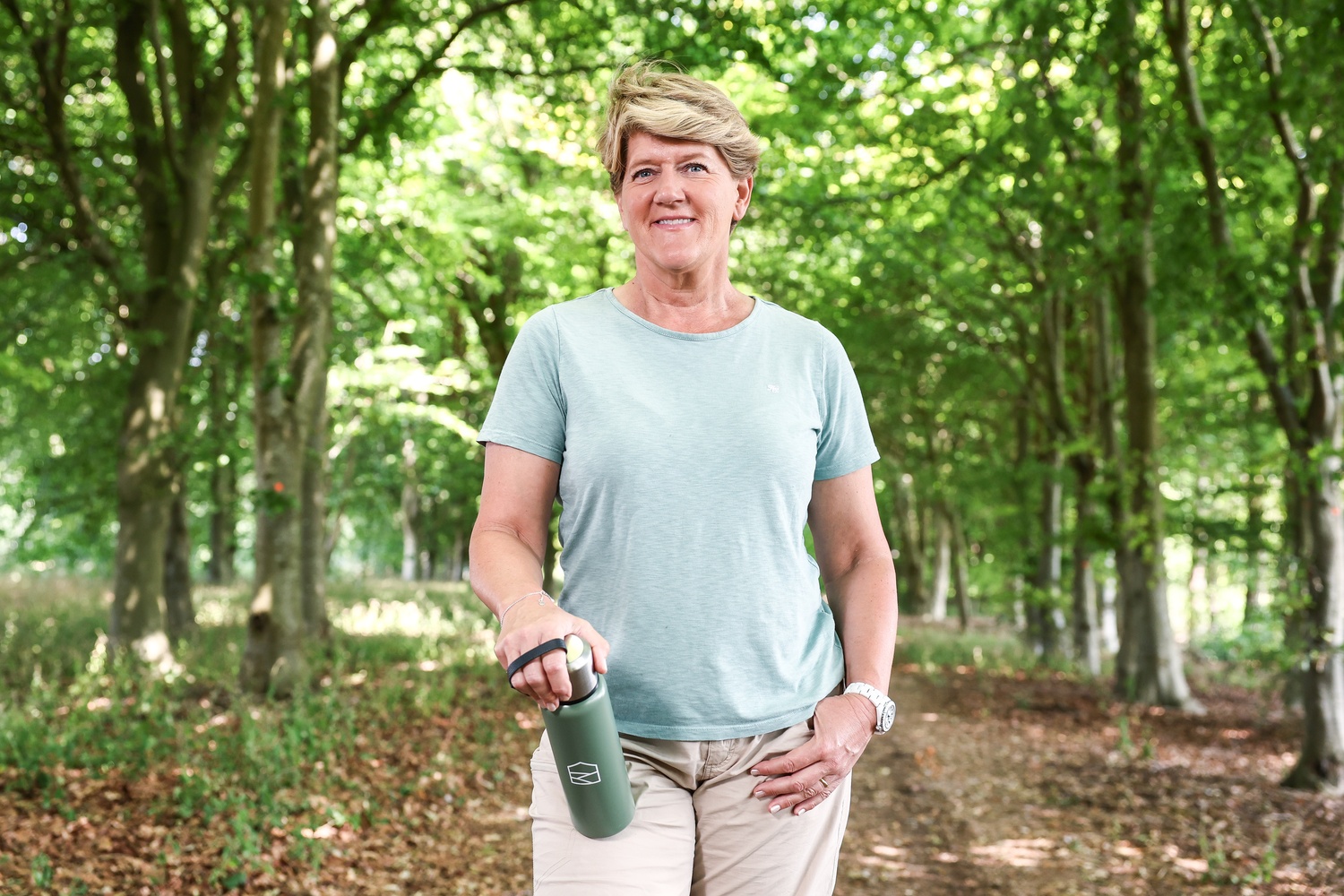 Clare Balding on a walk with a water bottle